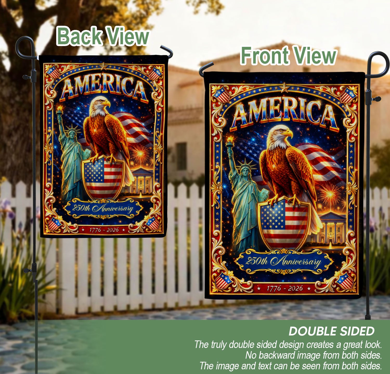 America 250th Anniversary Garden Flag Eagle Statue Patriotic 1776 2026 Yard Banner