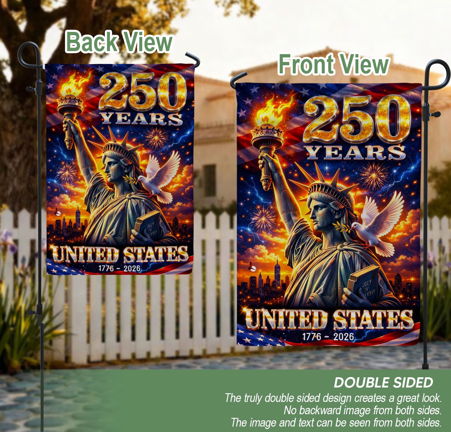 250 Years United States Garden Flag Statue of Liberty Patriotic 1776 2026 Yard Banner