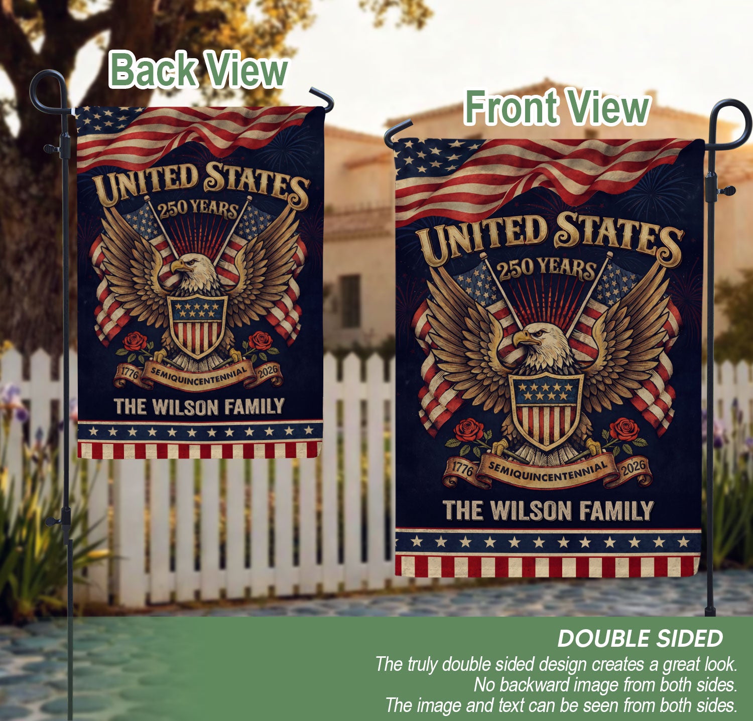 United States 250 Years Patriotic Garden Flag Custom Family Name Eagle Outdoor Decor