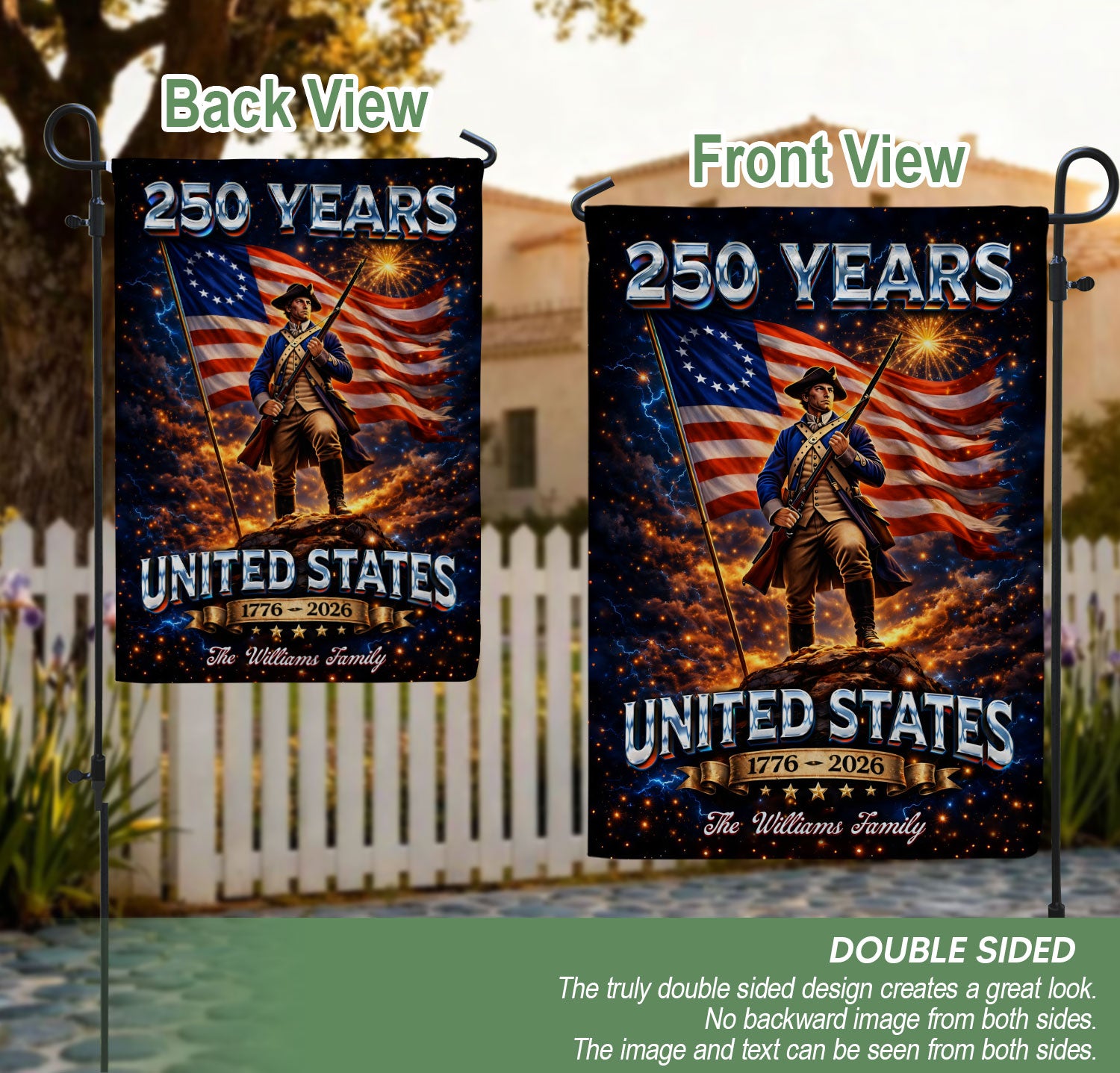 Custom Family Name Garden Flag 250 Years 1776–2026 Patriotic Soldier USA Decor