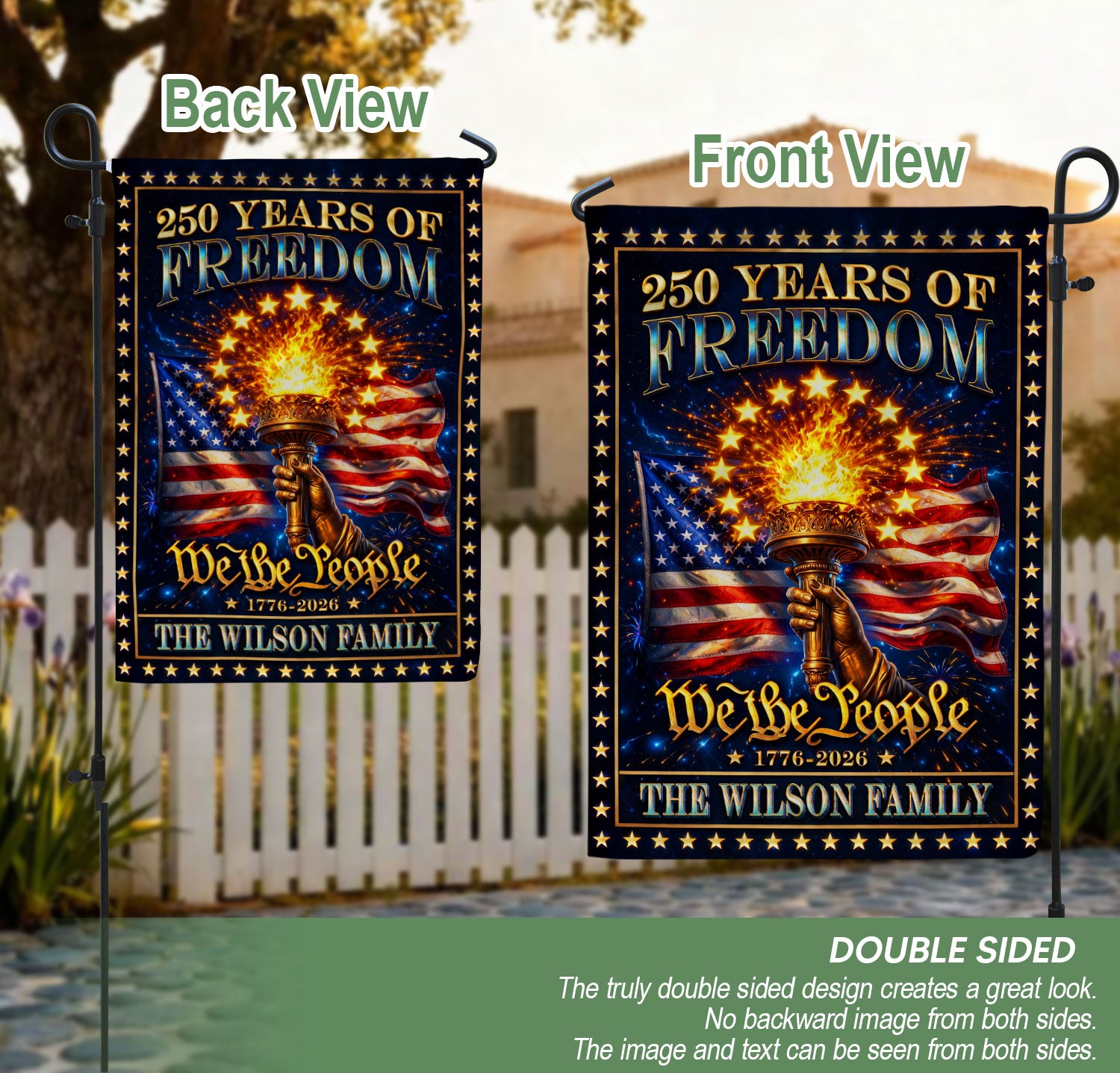 Custom Family Name Garden Flag 250 Years of Freedom 1776–2026 Patriotic Torch