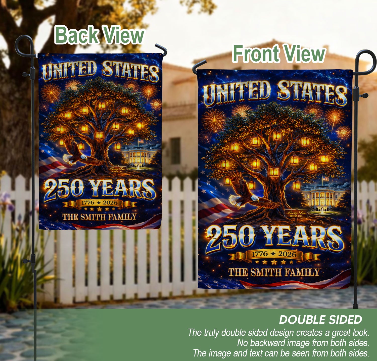 Custom Family Name Garden Flag Liberty Tree 250 Years of Freedom 1776-2026 Yard Decor