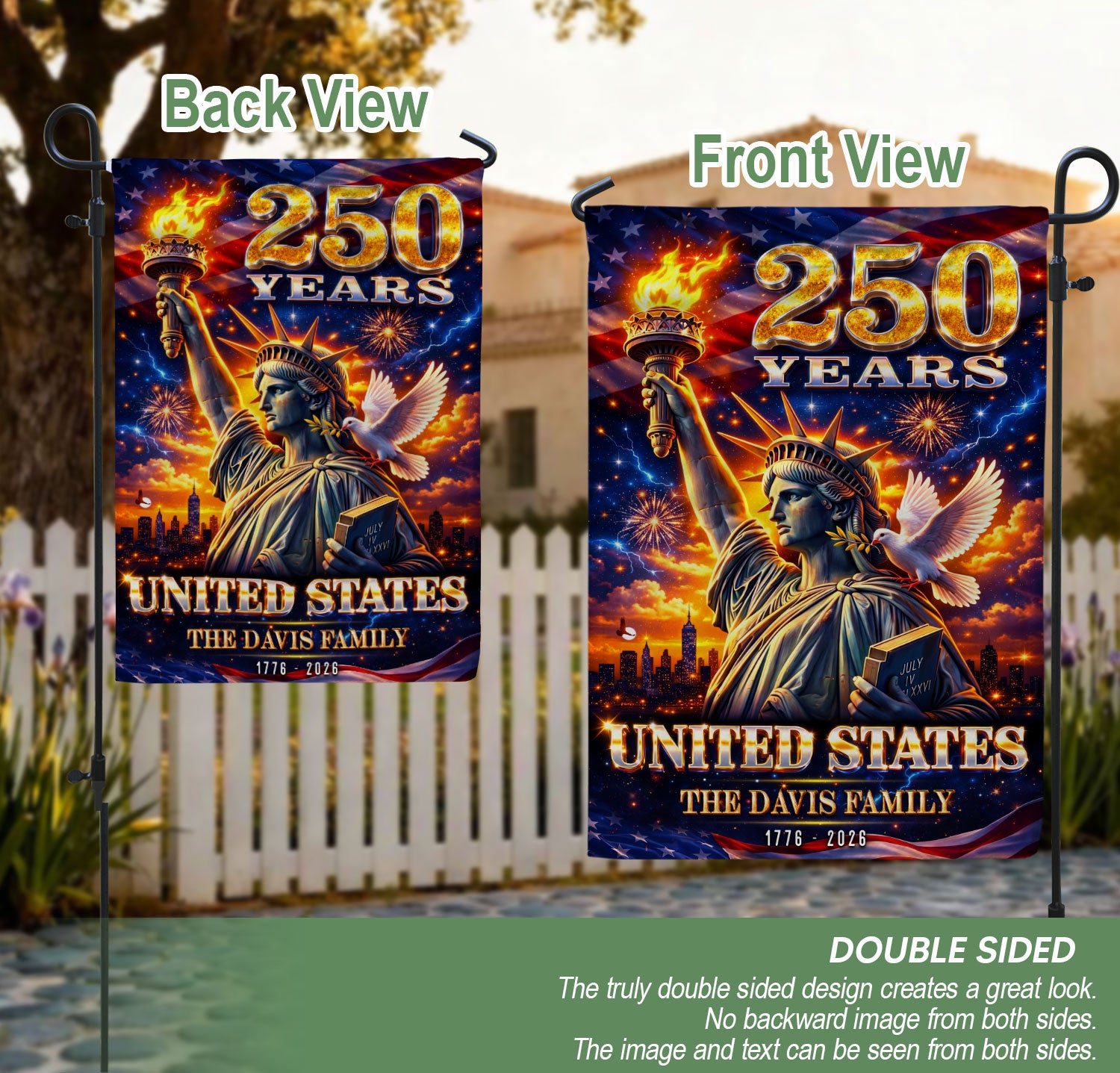 Custom Family Name 250th Anniversary Garden Flag – Statue of Liberty USA 1776-2026