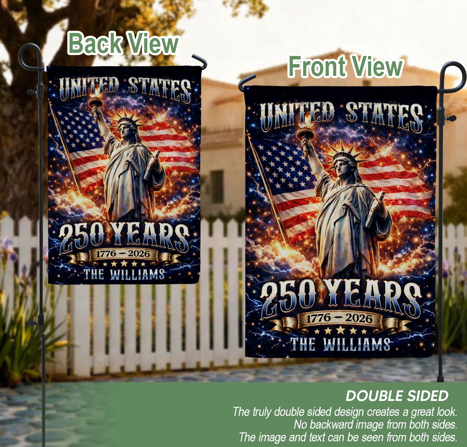 Custom Family Name 250th Anniversary Garden Flag – Statue of Liberty & USA Flag 1776-2026