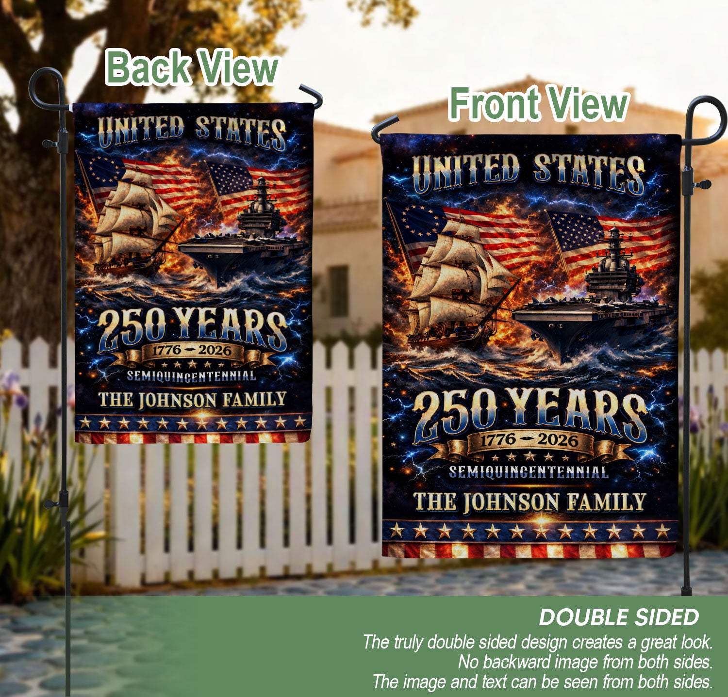Custom Family Name 250th Anniversary Garden Flag – USA Ship & Navy 1776-2026