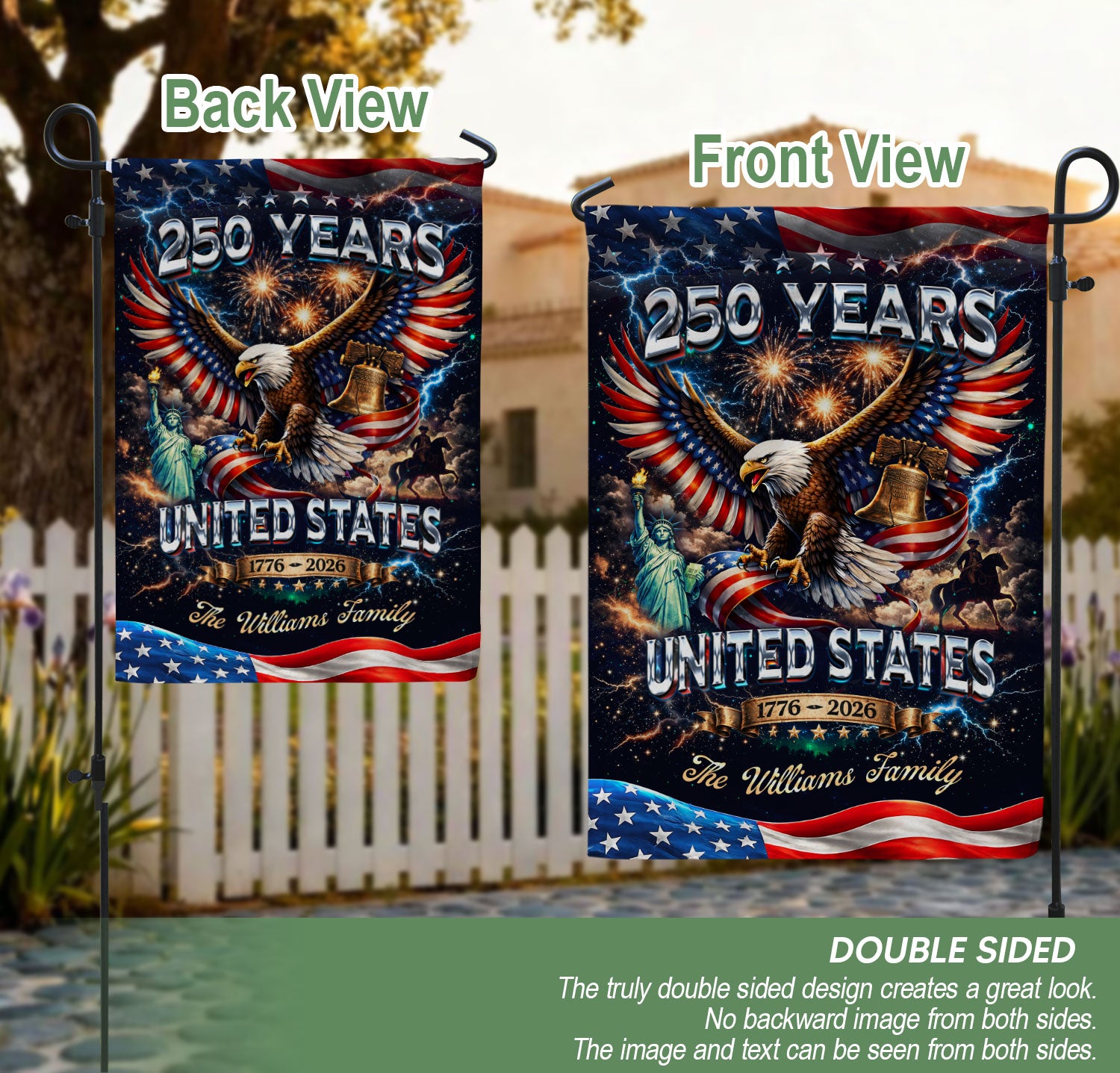 Personalized USA 250th Celebration Garden Flag – Patriotic Eagle, Statue & Fireworks Theme (1776–2026)