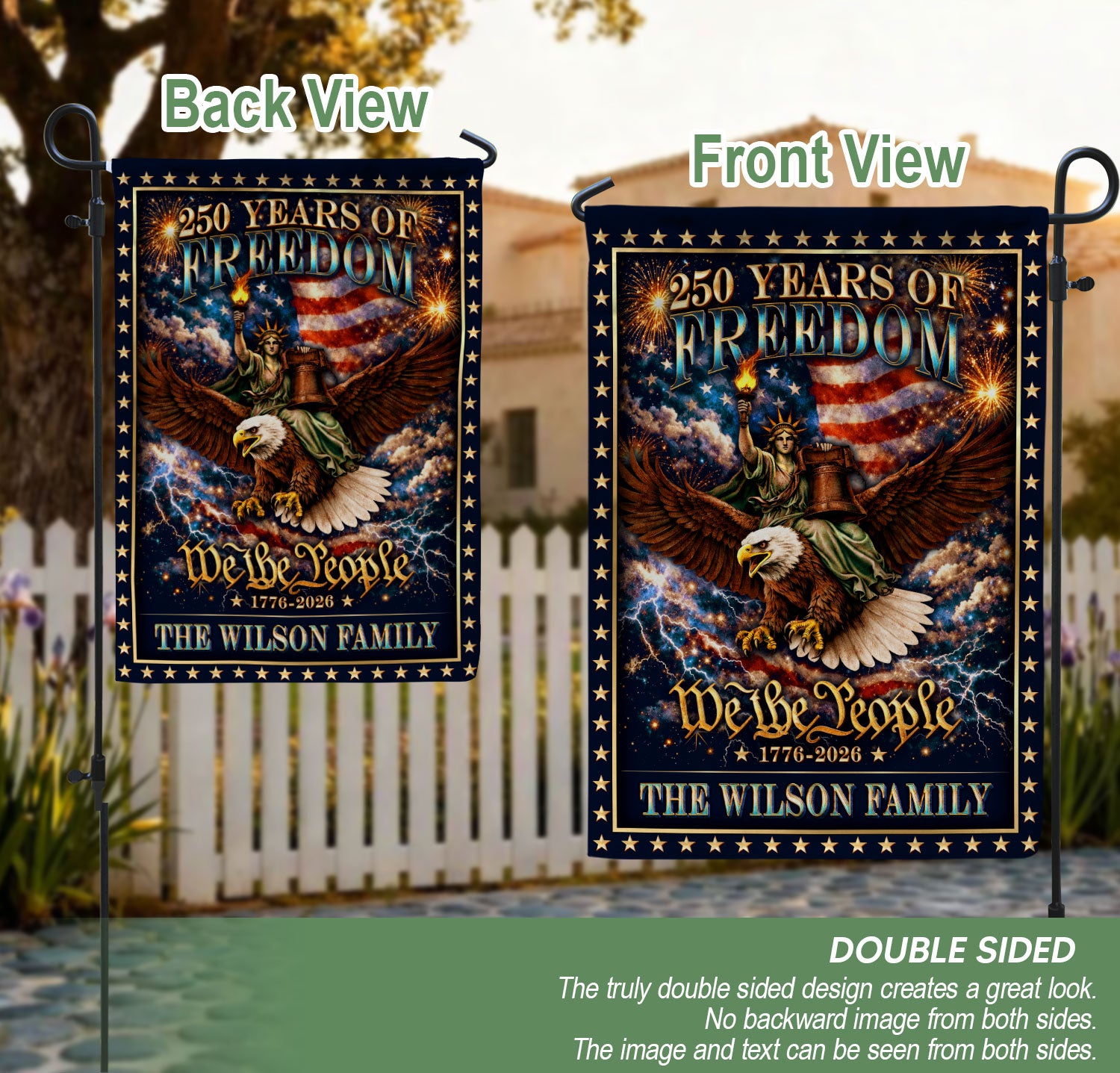 Personalized Patriotic Garden Flag – 250 Years of American Heritage with Liberty & Eagle Motif (1776–2026)