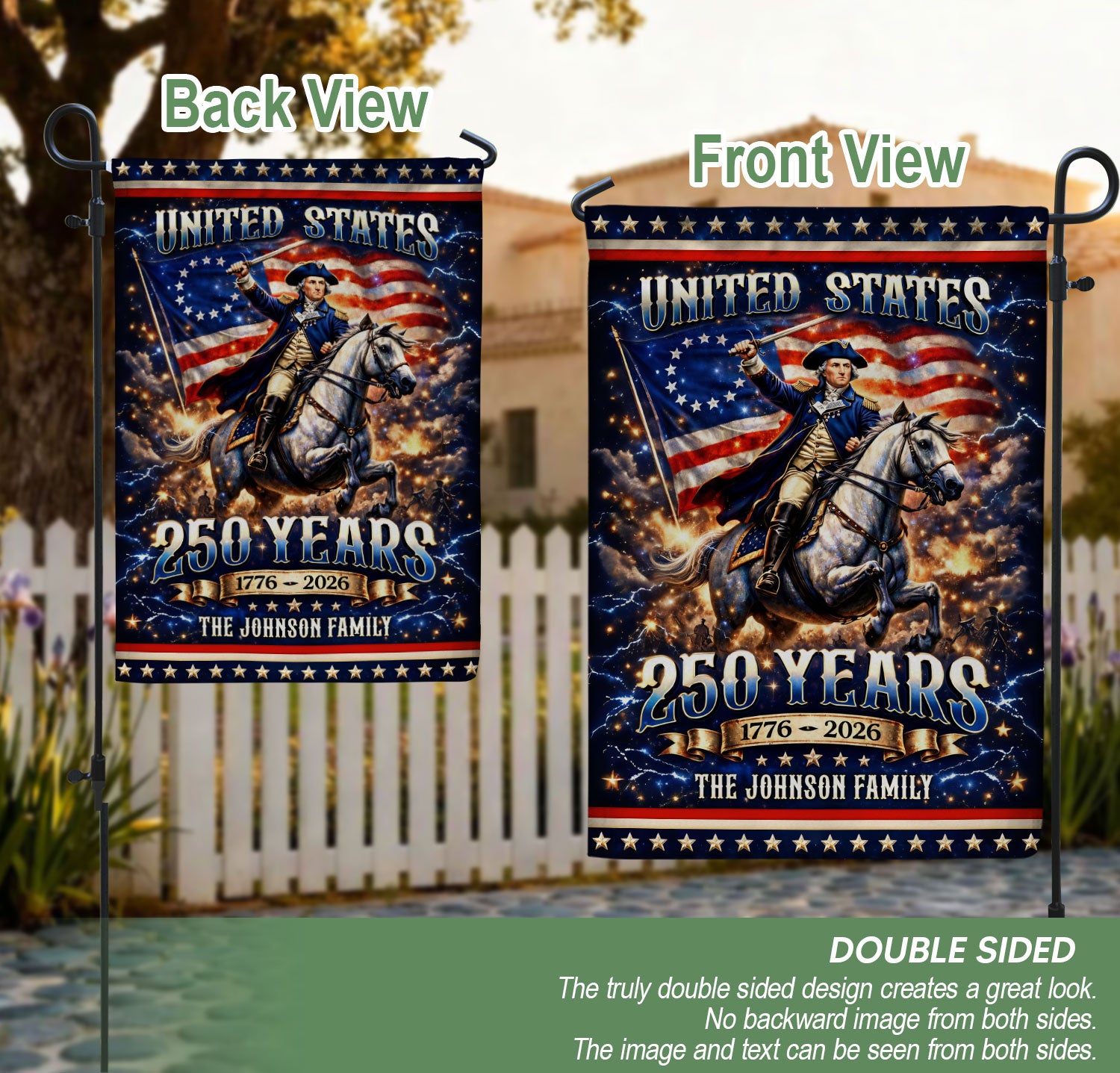 Custom Family Name 250th Anniversary Garden Flag – George Washington & USA Flag 1776-2026
