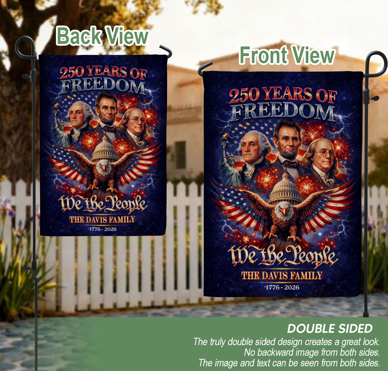 Custom Family Name 250th Anniversary Garden Flag – Founding Fathers, Eagle & Capitol 1776-2026