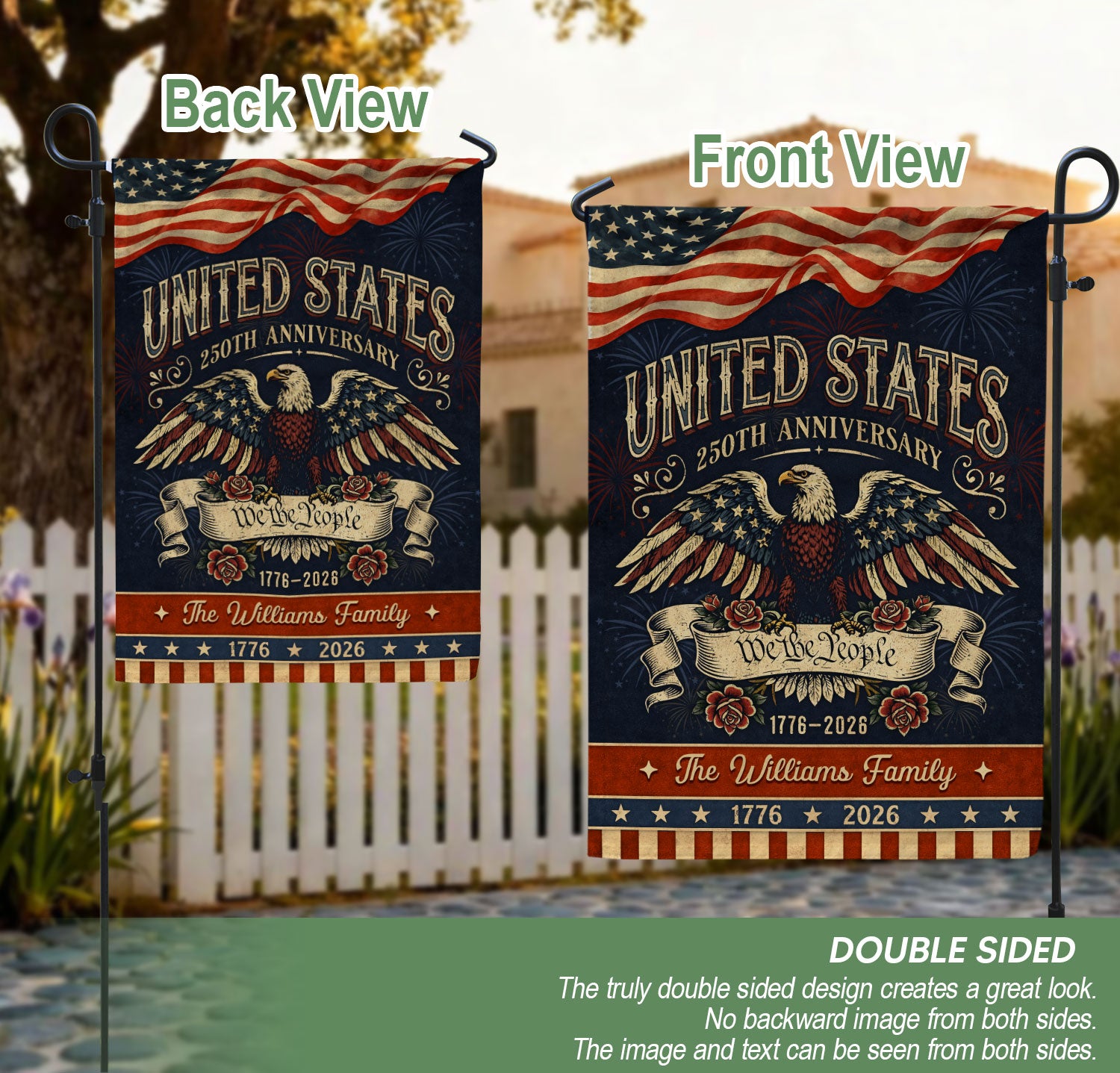Personalized Patriotic Garden Banner – 250 Years of the USA Featuring Eagle & “We the People” (1776–2026)