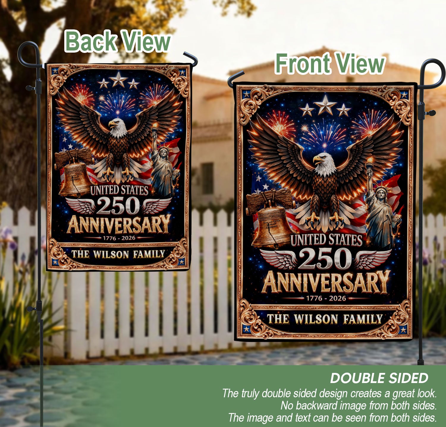 Personalized American Heritage Garden Flag – 250-Year Celebration with Eagle, Liberty Bell & Statue Design (1776–2026)