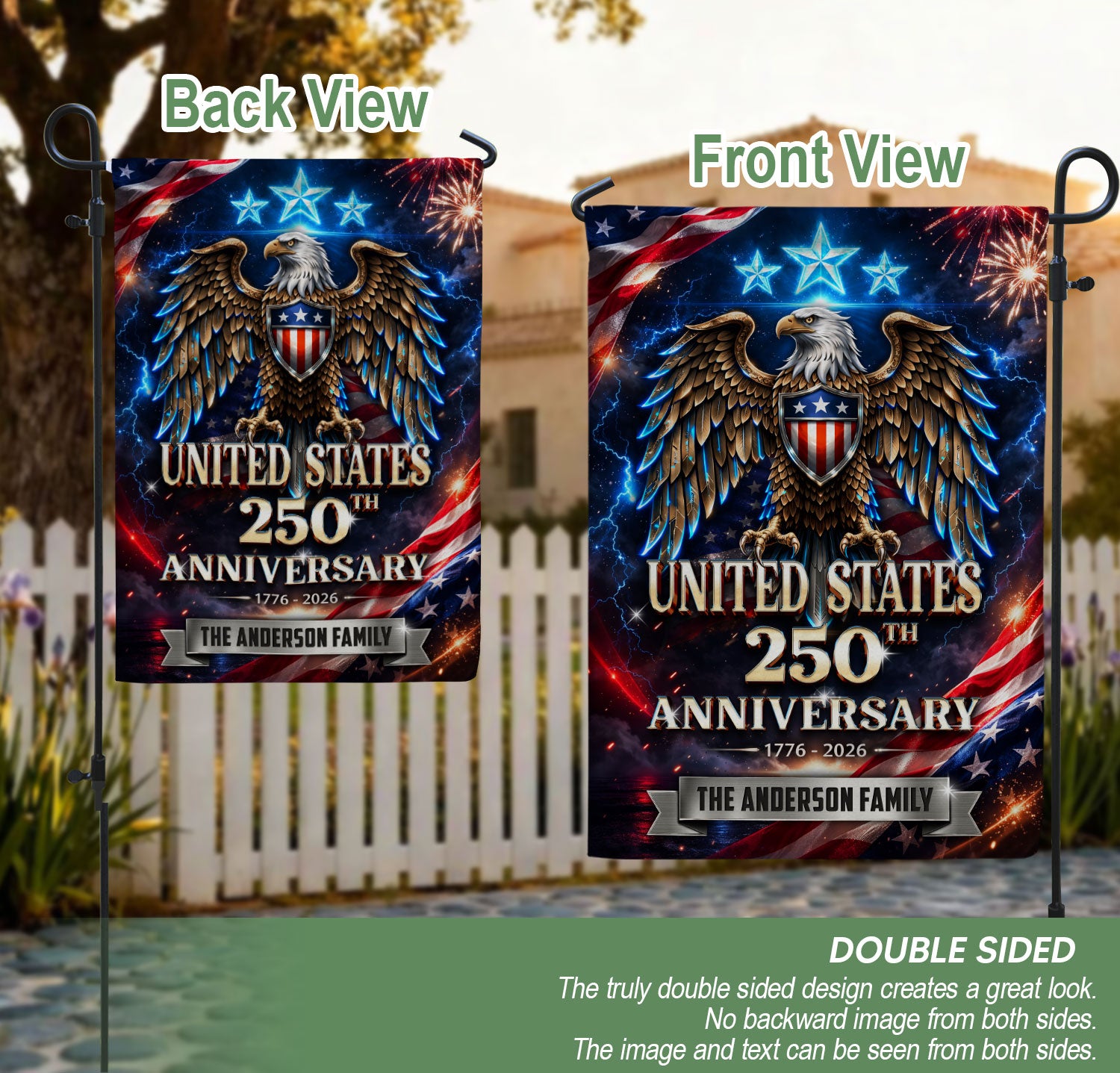 250th Anniversary USA Garden Flag – Custom Family Name with Eagle & Stars 1776-2026