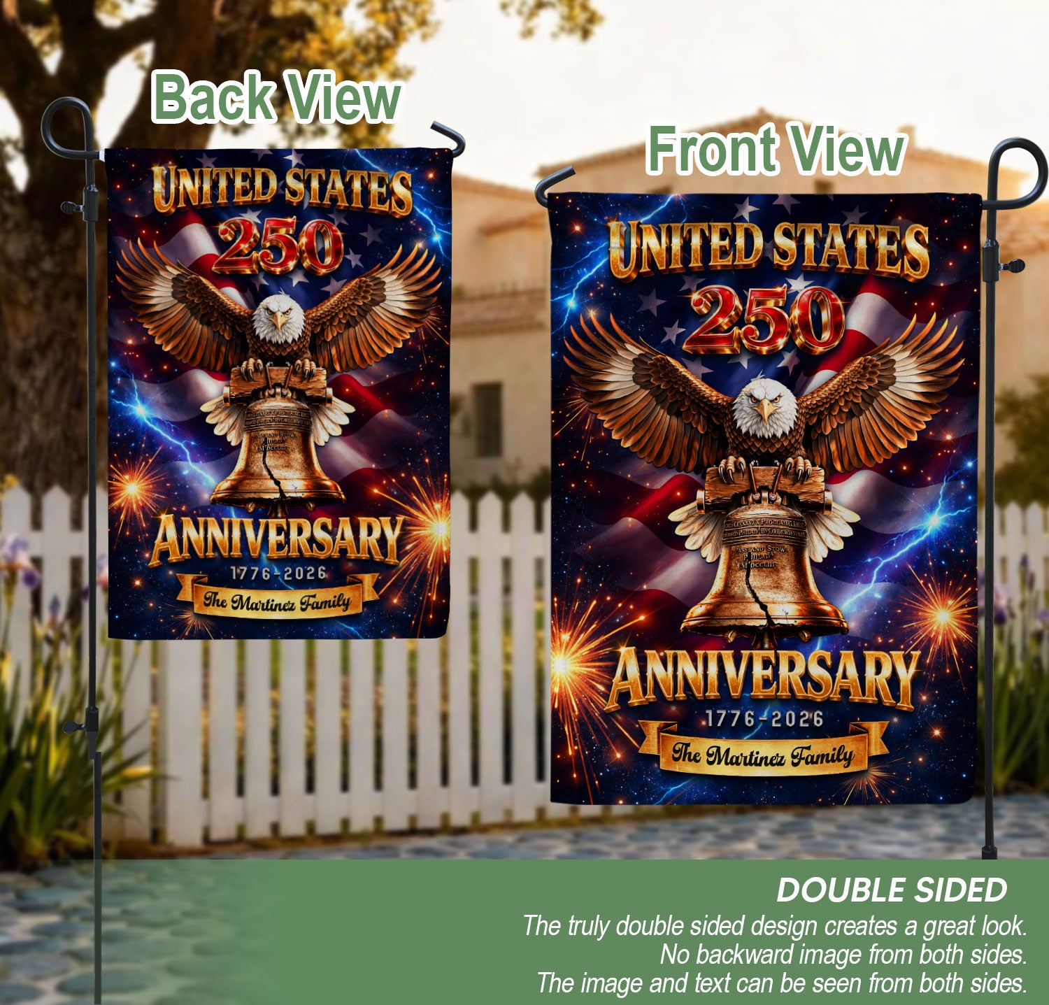 Personalized American Celebration Garden Flag – 250-Year Commemorative Design with Eagle & Liberty Bell (1776–2026)