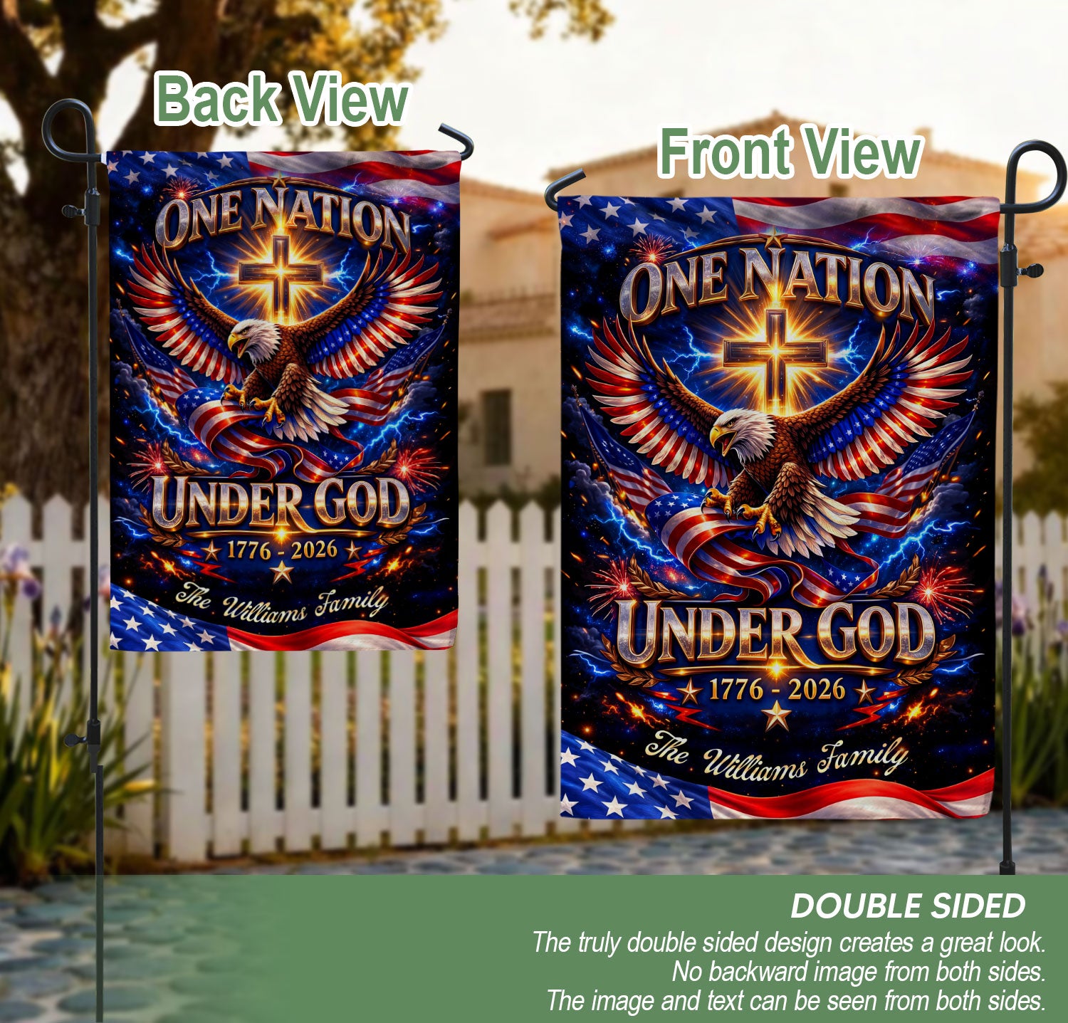 Personalized Faith & Freedom Garden Flag – 250-Year USA Tribute with Eagle and Cross Motif (1776–2026)