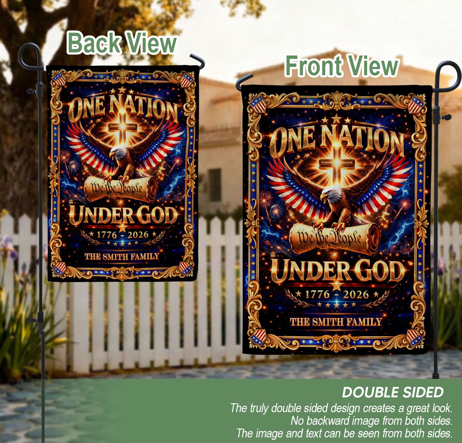 One Nation Under God 250th Anniversary Garden Flag – Custom Family Name with Eagle, Cross & 'We the People' 1776-2026