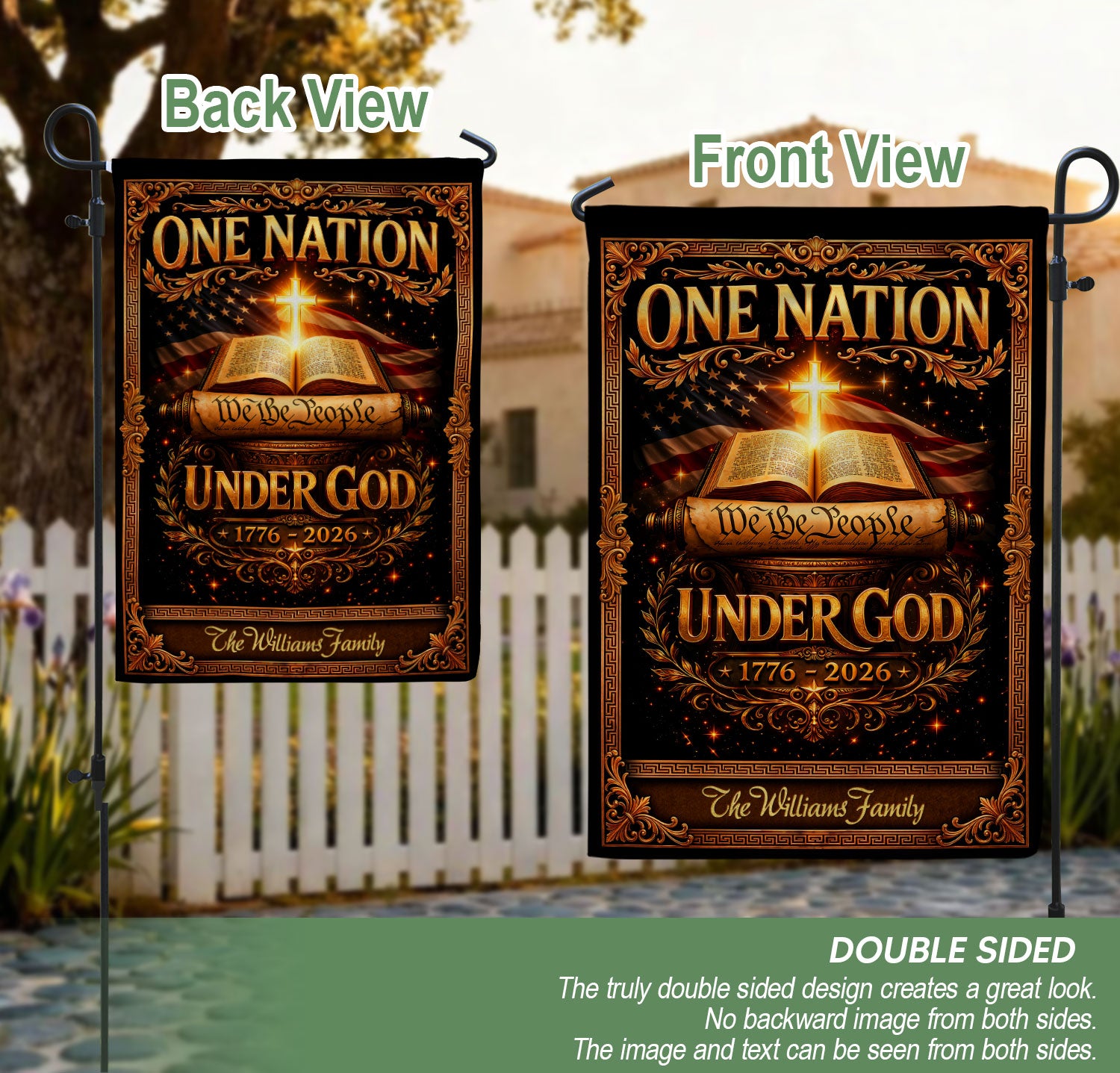 One Nation Under God 250th Anniversary Garden Flag – Custom Family Name with Bible, Cross & 'We the People' 1776-2026