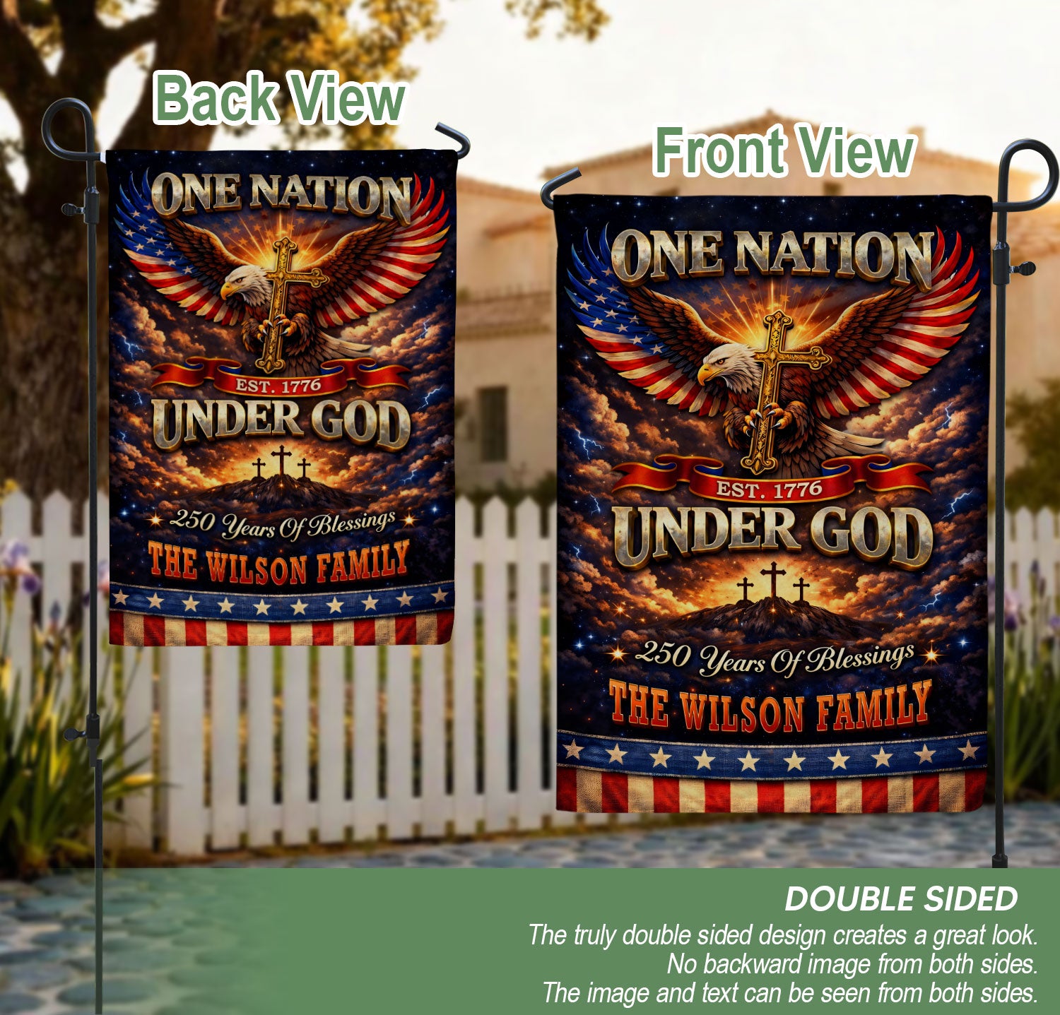 Personalized Patriotic Faith Garden Flag – 250-Year American Celebration with Eagle, Cross & Blessings Theme (1776–2026)