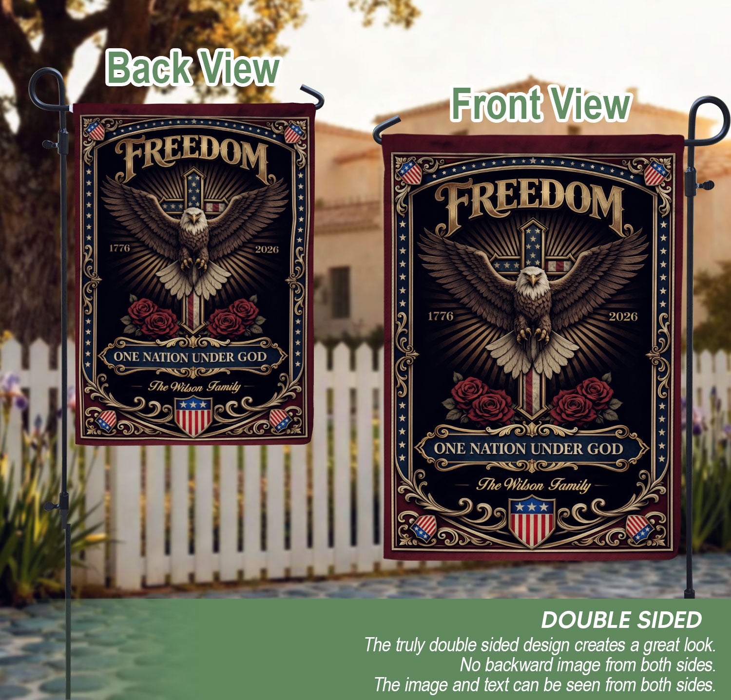 Custom Family Name Garden Flag 250 Years Patriotic Eagle Cross 1776–2026 Freedom Banner