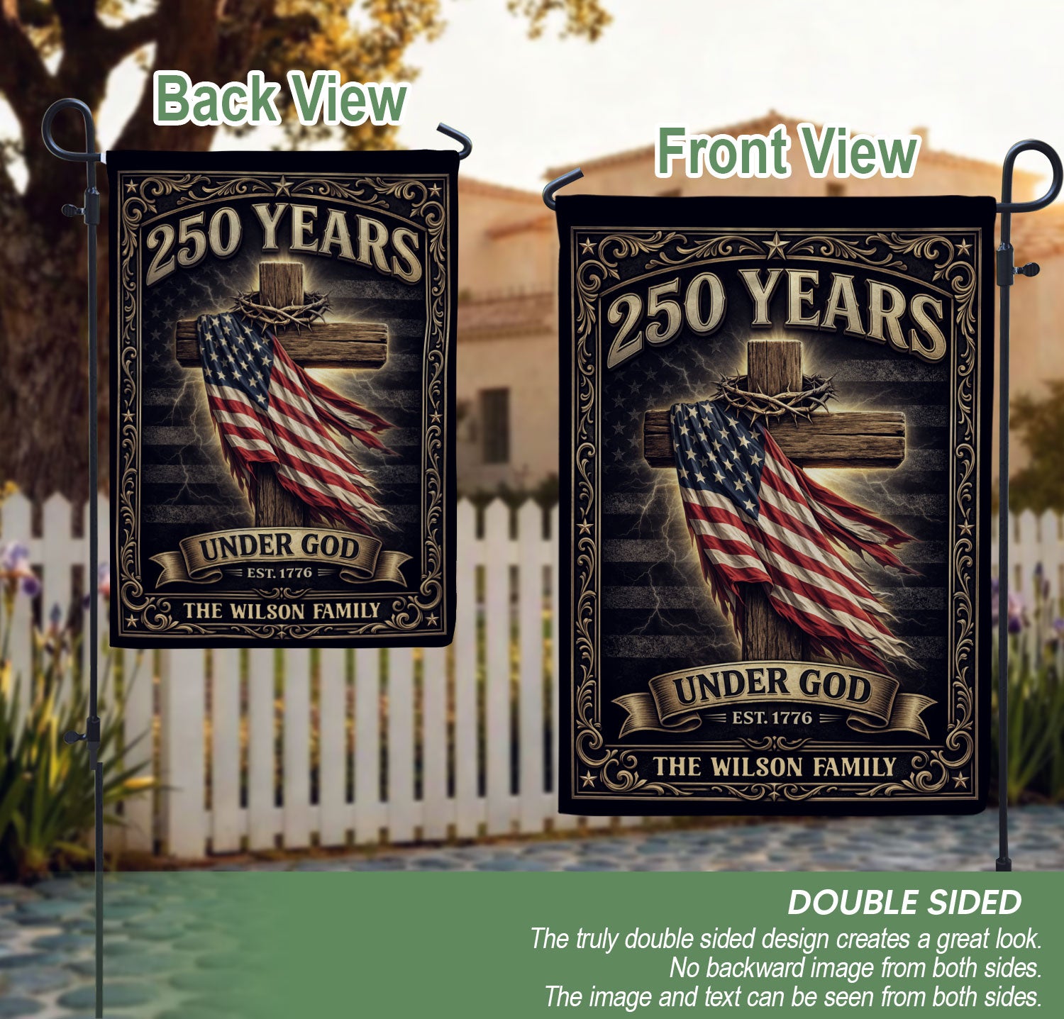 Personalized Family Name Garden Flag 250 Years Under God Cross Patriotic Outdoor Decor