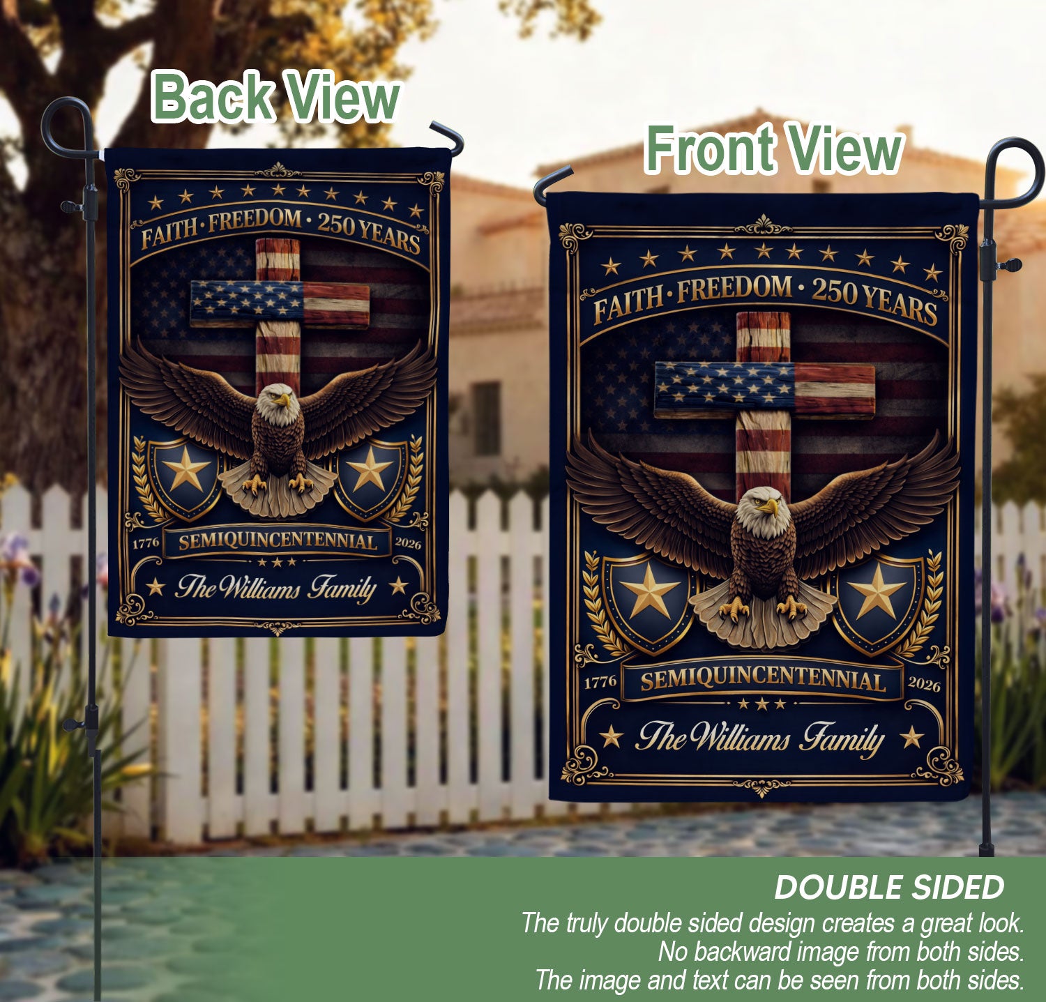 Custom Family Name Garden Flag 250 Years Faith Freedom Eagle Cross 1776–2026 Patriotic Decor