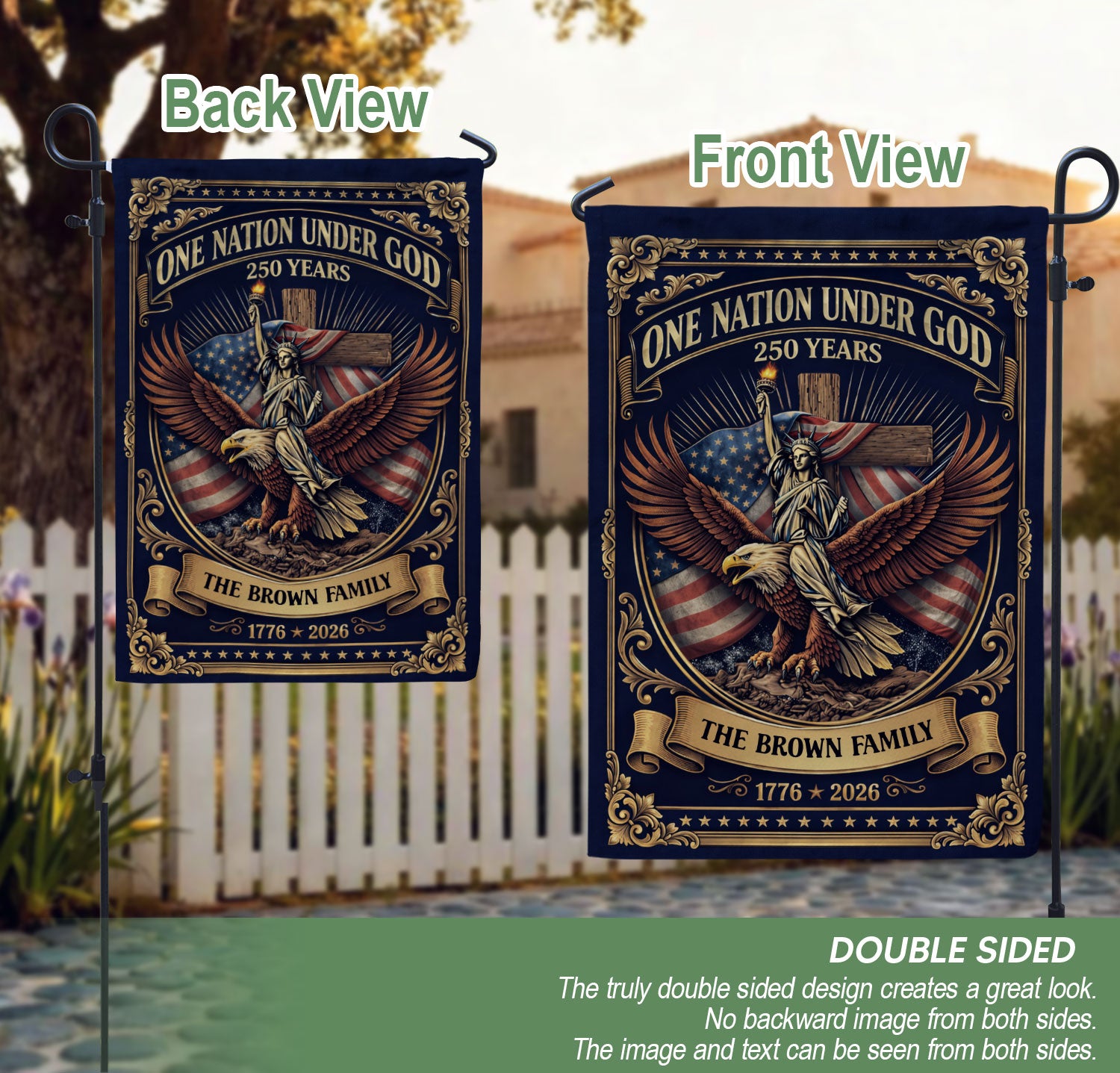 Custom Family Name Garden Flag 250 Years One Nation Under God 1776-2026 Patriotic Decor