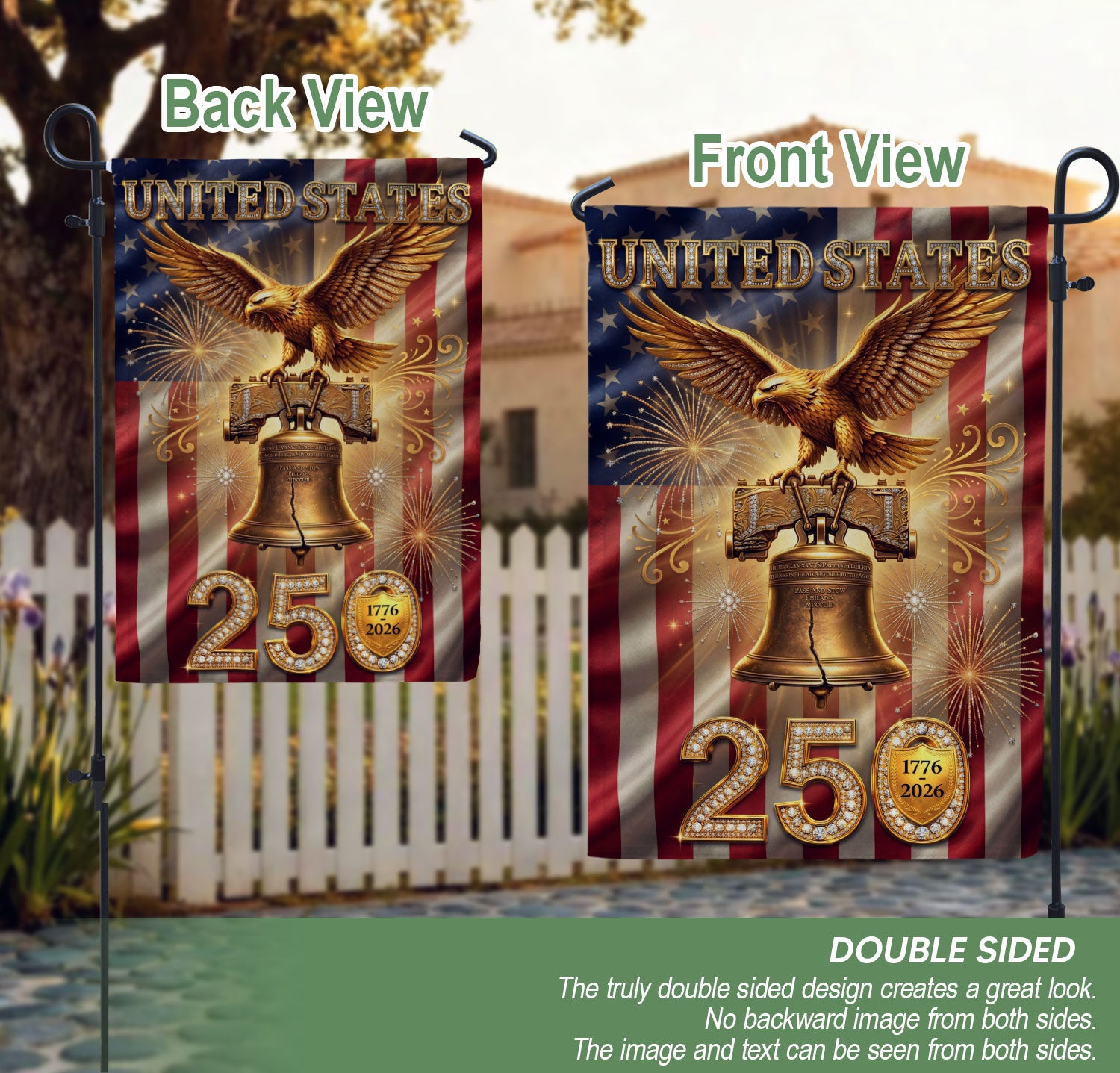 250 Years Garden Flag American Eagle Liberty Bell Fireworks Patriotic Decor 1776-2026