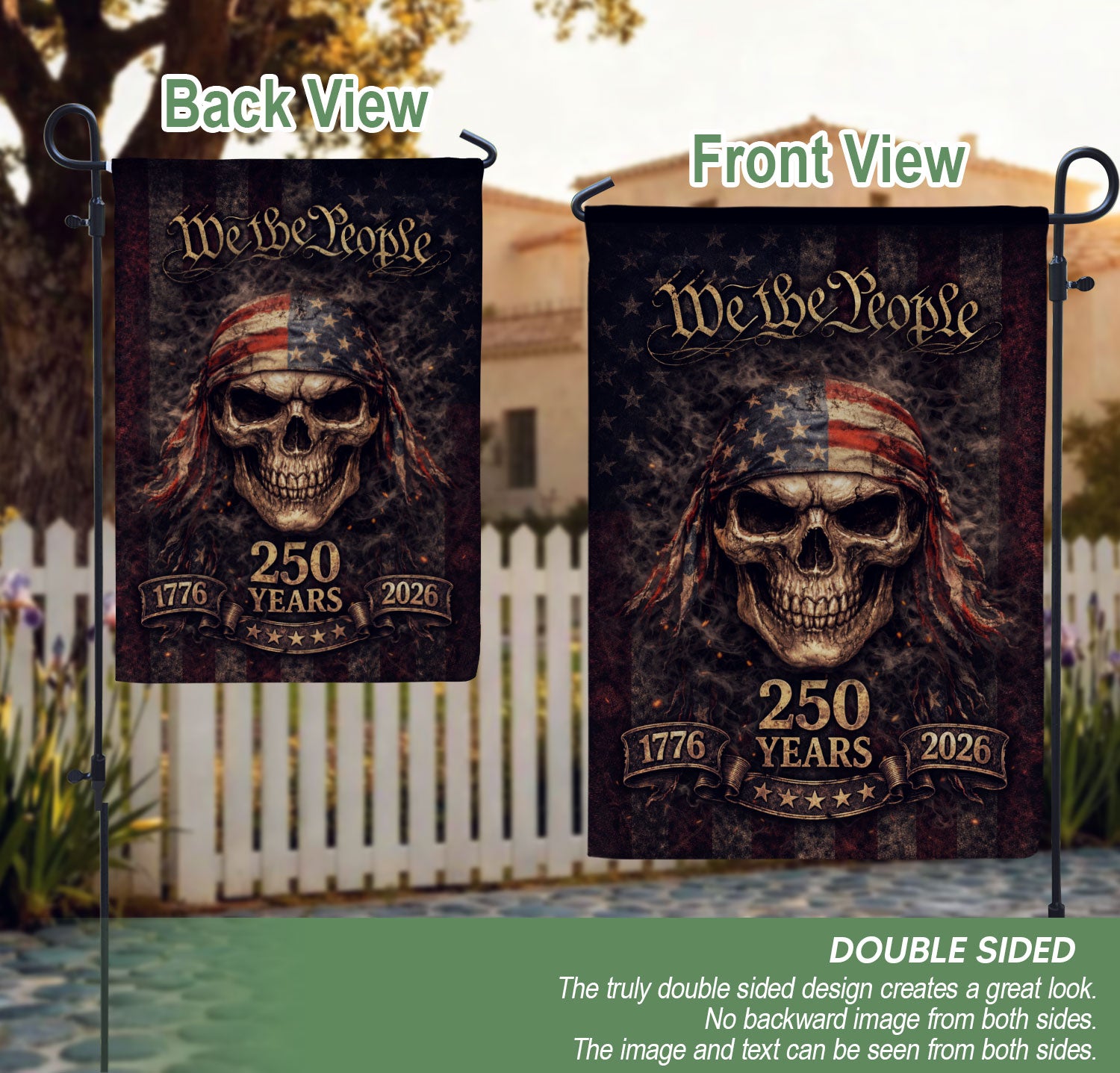 USA 250 Years Garden Flag - We The People Skull Patriotic Outdoor Decor 1776-2026