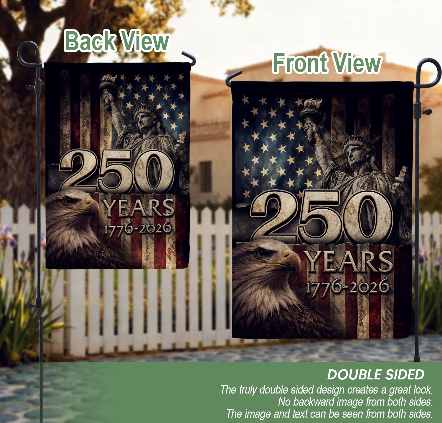 1776-2026 Anniversary House Flag 250 Years of Liberty Statue & Bald Eagle Banner