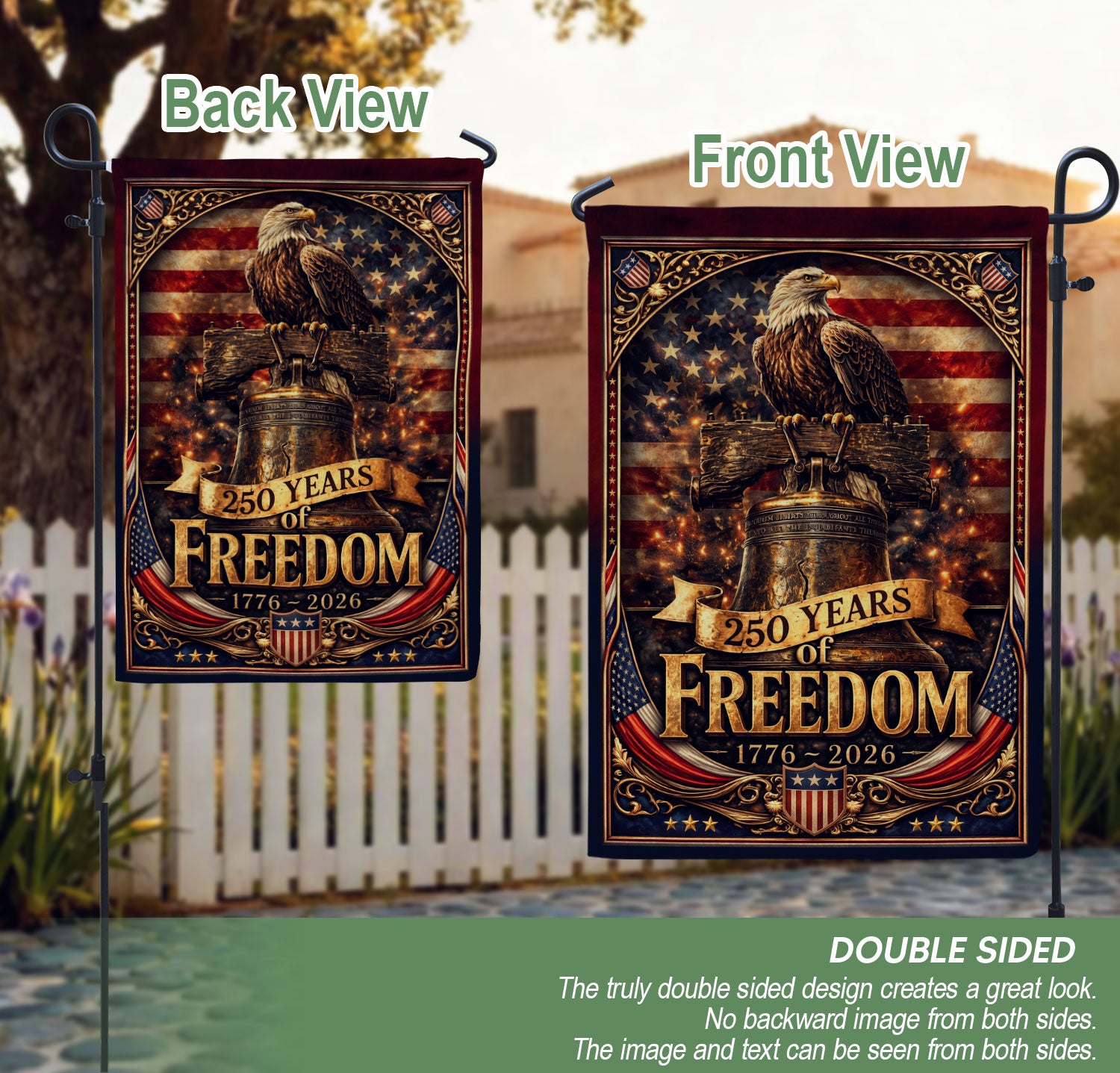 250 Years of Freedom House Flag 1776-2026 Liberty Bell & Eagle Patriotic Banner