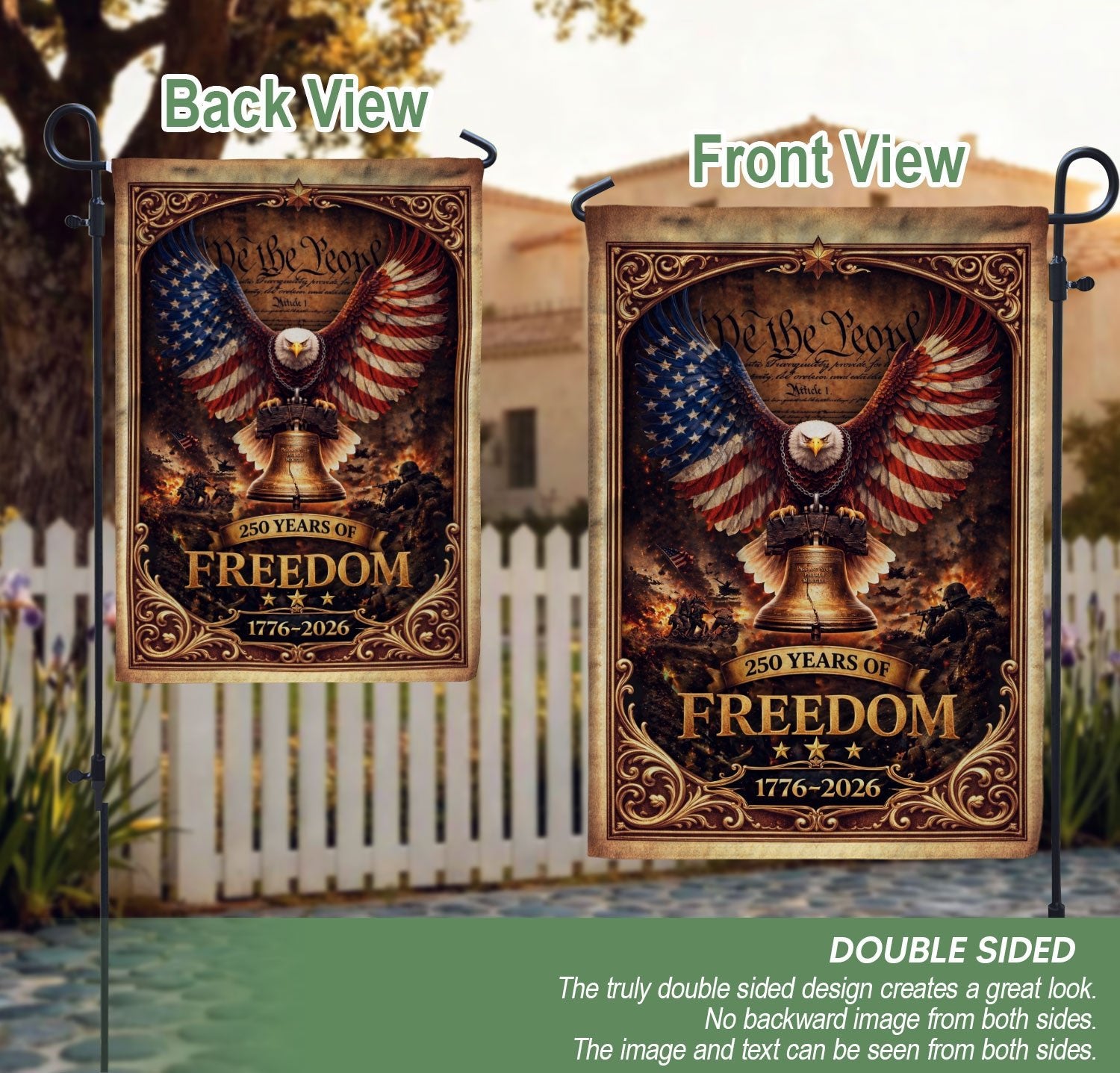 250th Anniversary Garden Flag - United States 1776-2026 Patriotic Yard Decor - Rust Field Wear