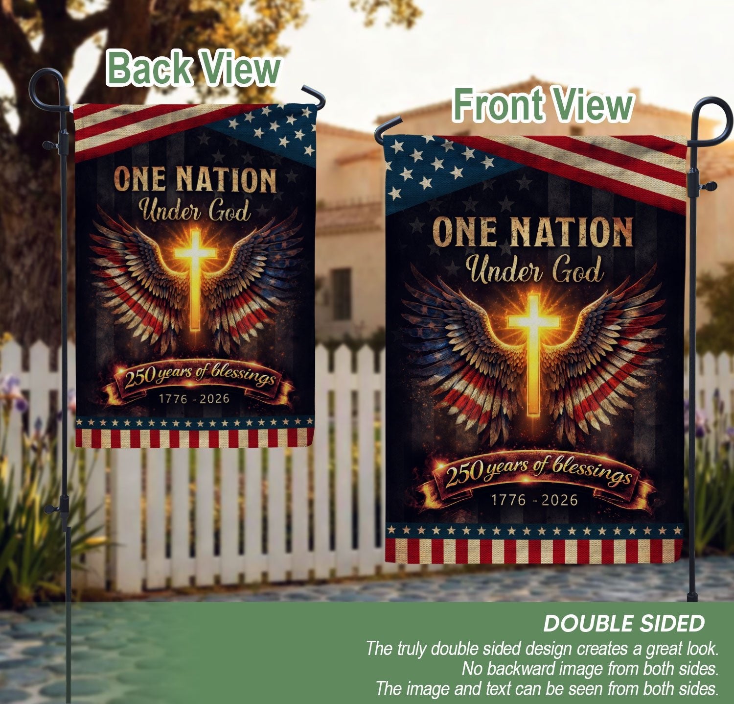 250th Anniversary House Flag One Nation Under God Cross Patriotic Banner 1776-2026 - Rust Field Wear