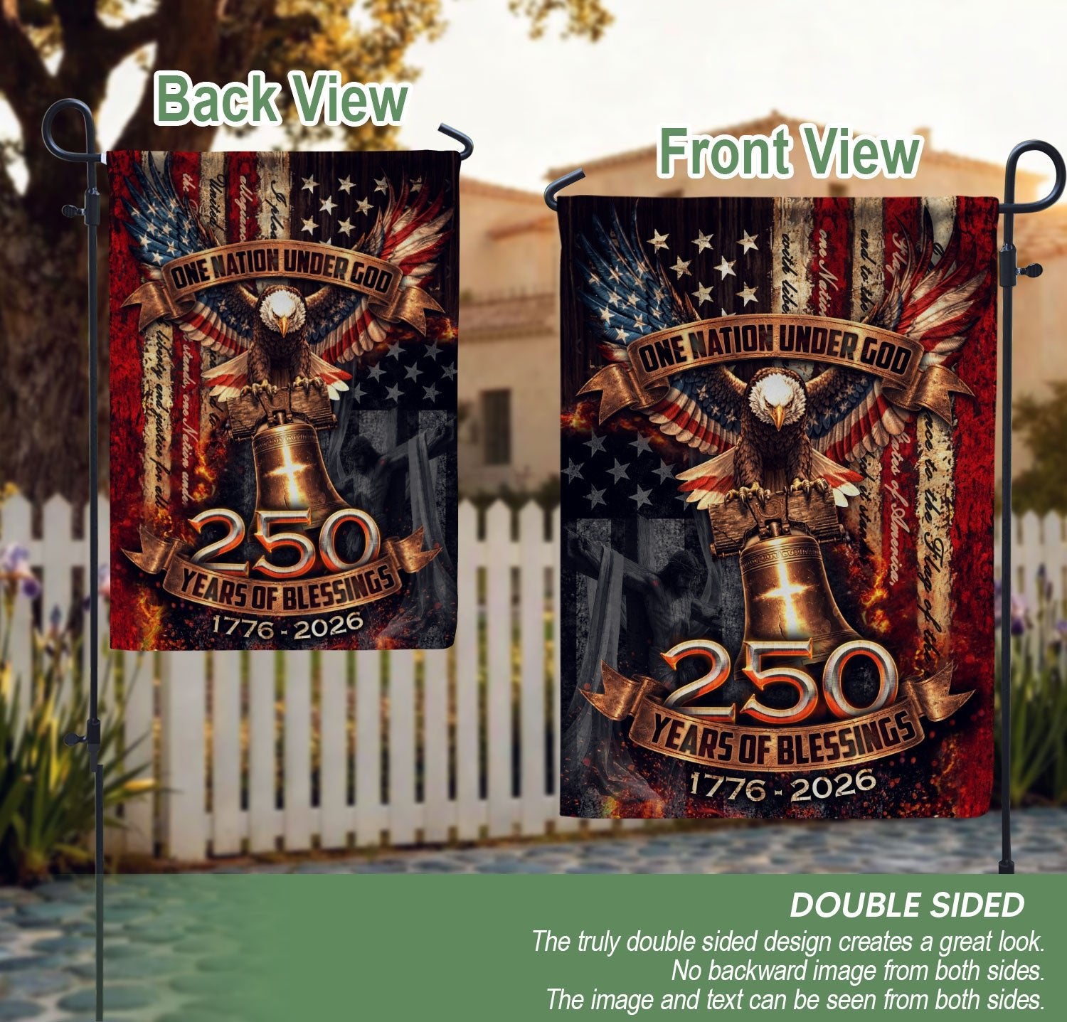 250 Years Garden Flag Eagle Liberty Bell Cross One Nation Under God Decor 1776-2026 - Rust Field Wear