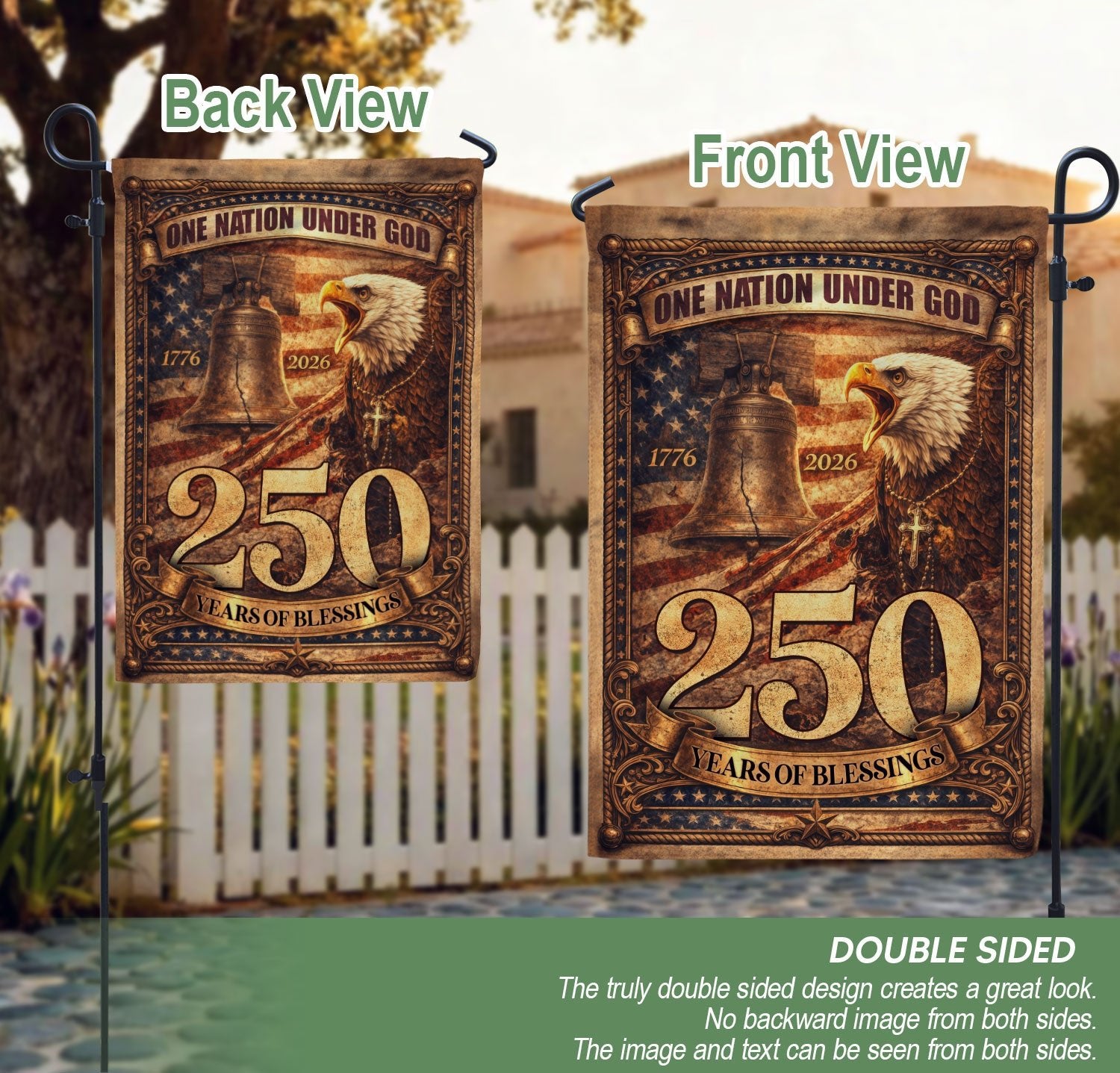 1776-2026 Anniversary Garden Flag 250 Years of Blessings One Nation Under God Eagle - Rust Field Wear