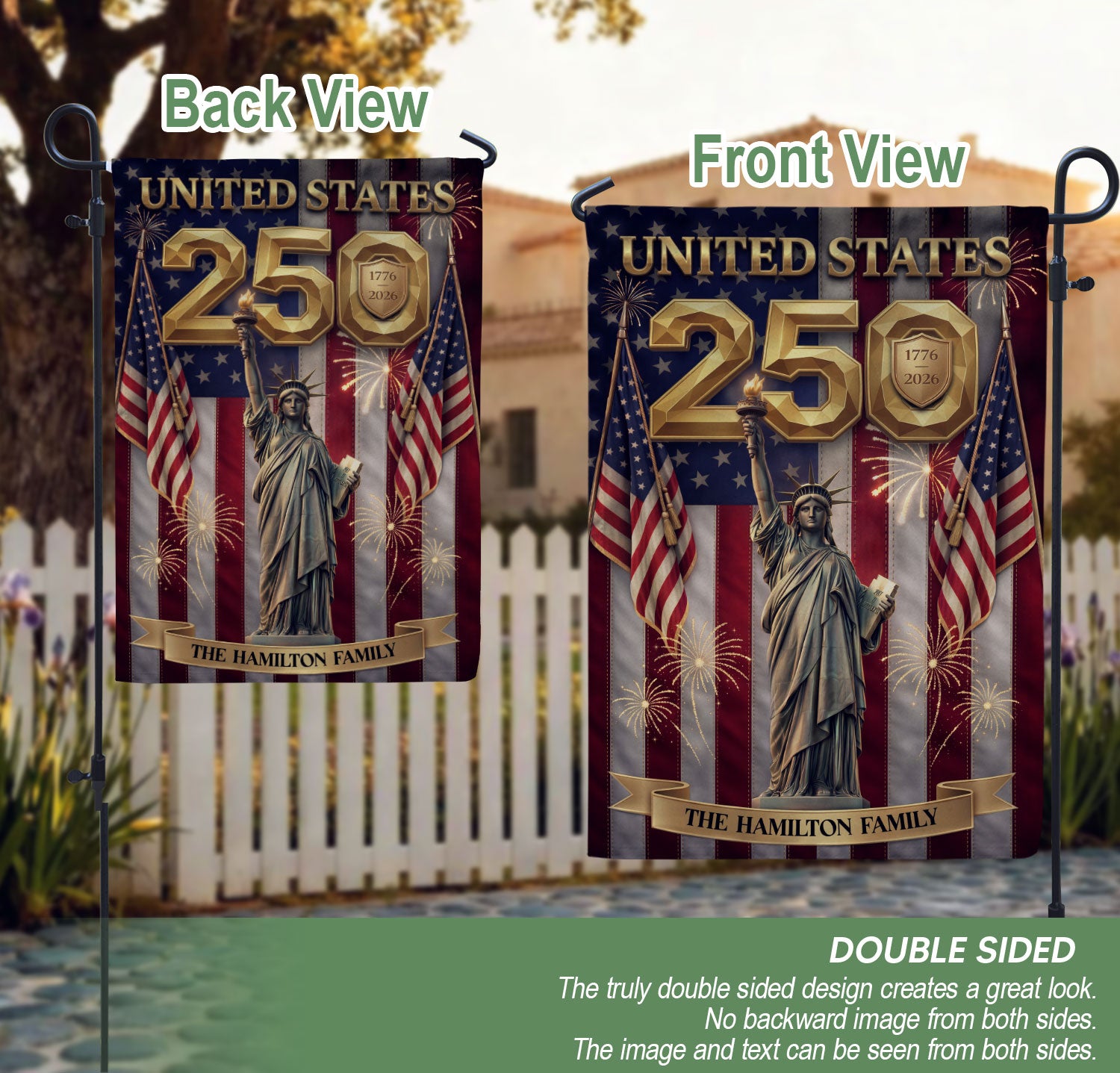 Custom Family Name United States 250 Years Statue of Liberty Patriot Garden Flag Banner