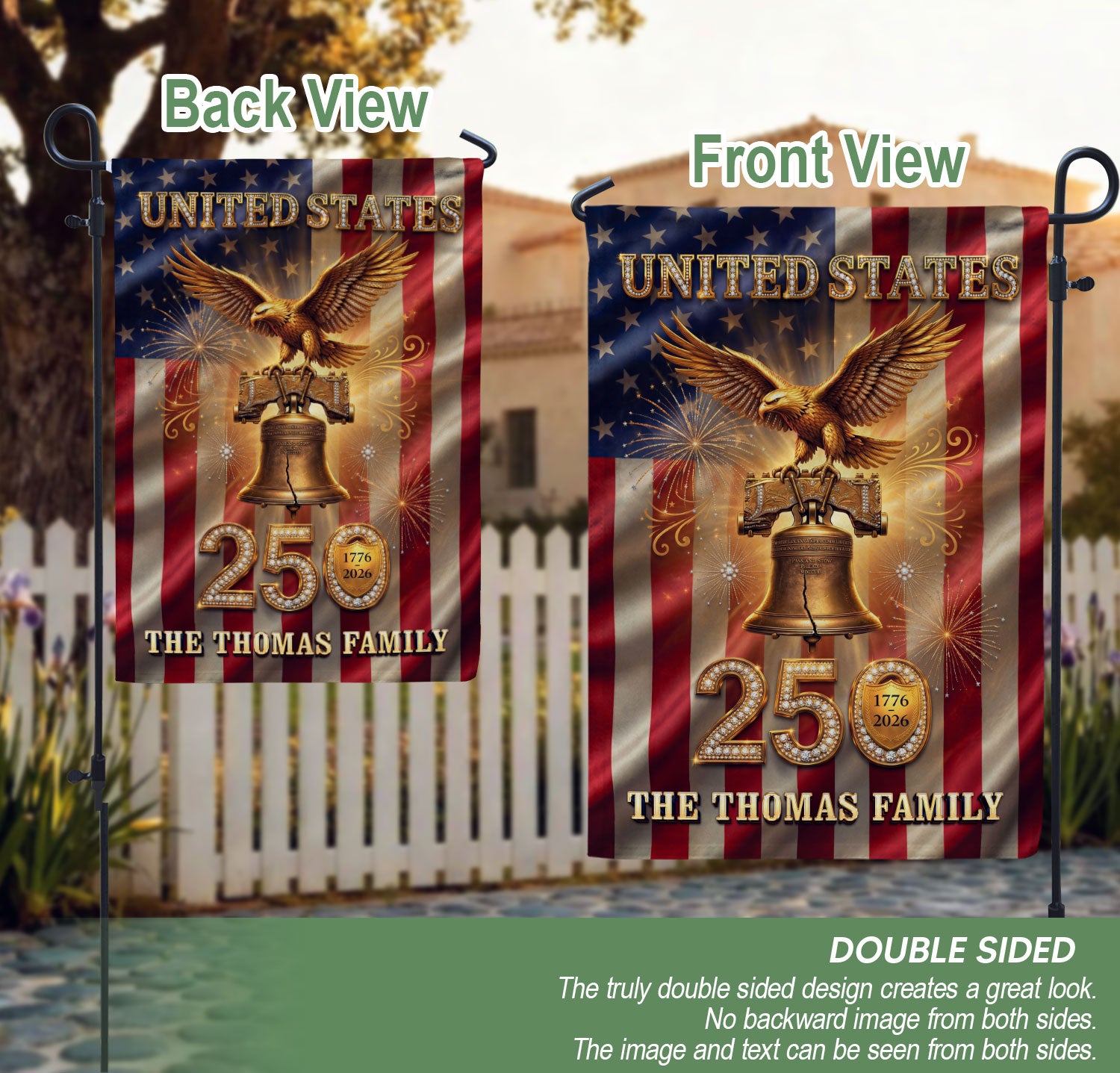 Custom Family Name United States 250 Years Liberty Bell Patriot Eagle Garden Flag
