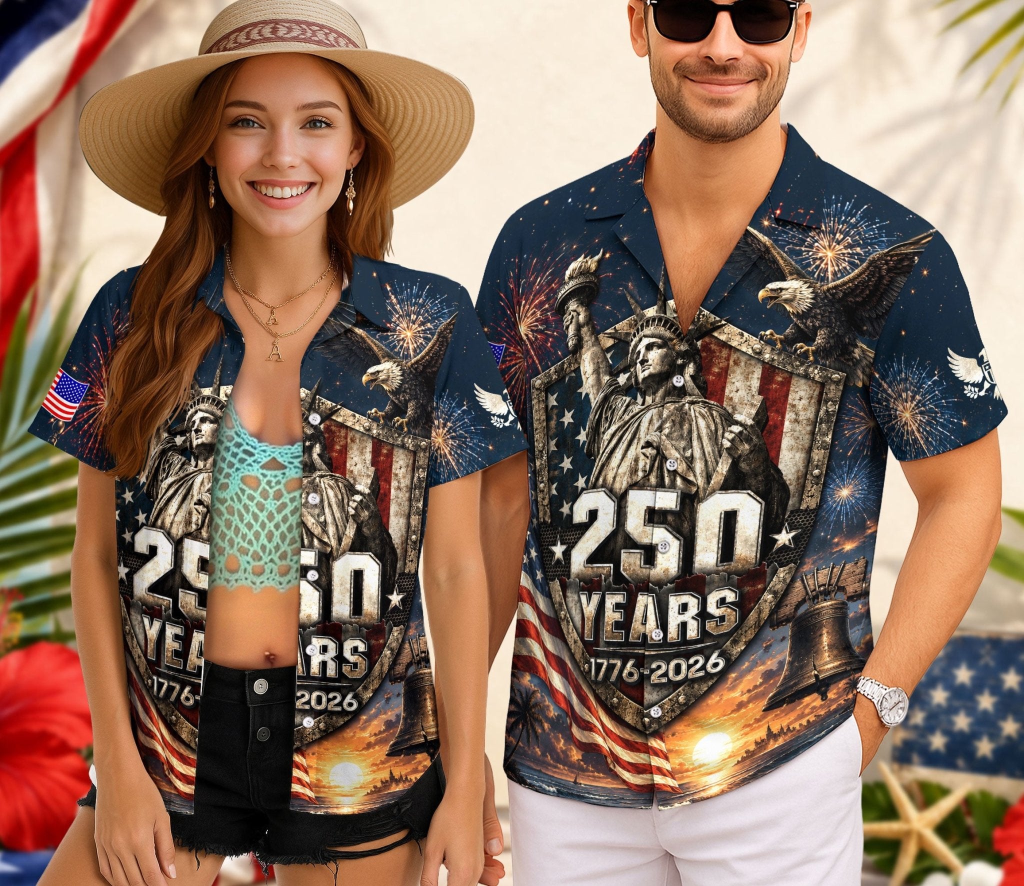 USA 250th Celebration Hawaiian Shirt – Freedom Shield Patriotic Design - Rust Field Wear