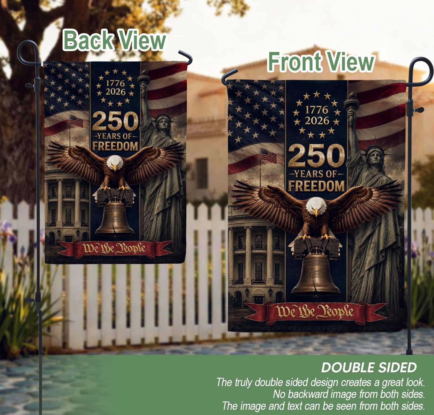 USA 250 Years of Freedom House Flag - Majestic Eagle & Liberty Icons Patriotic Banner