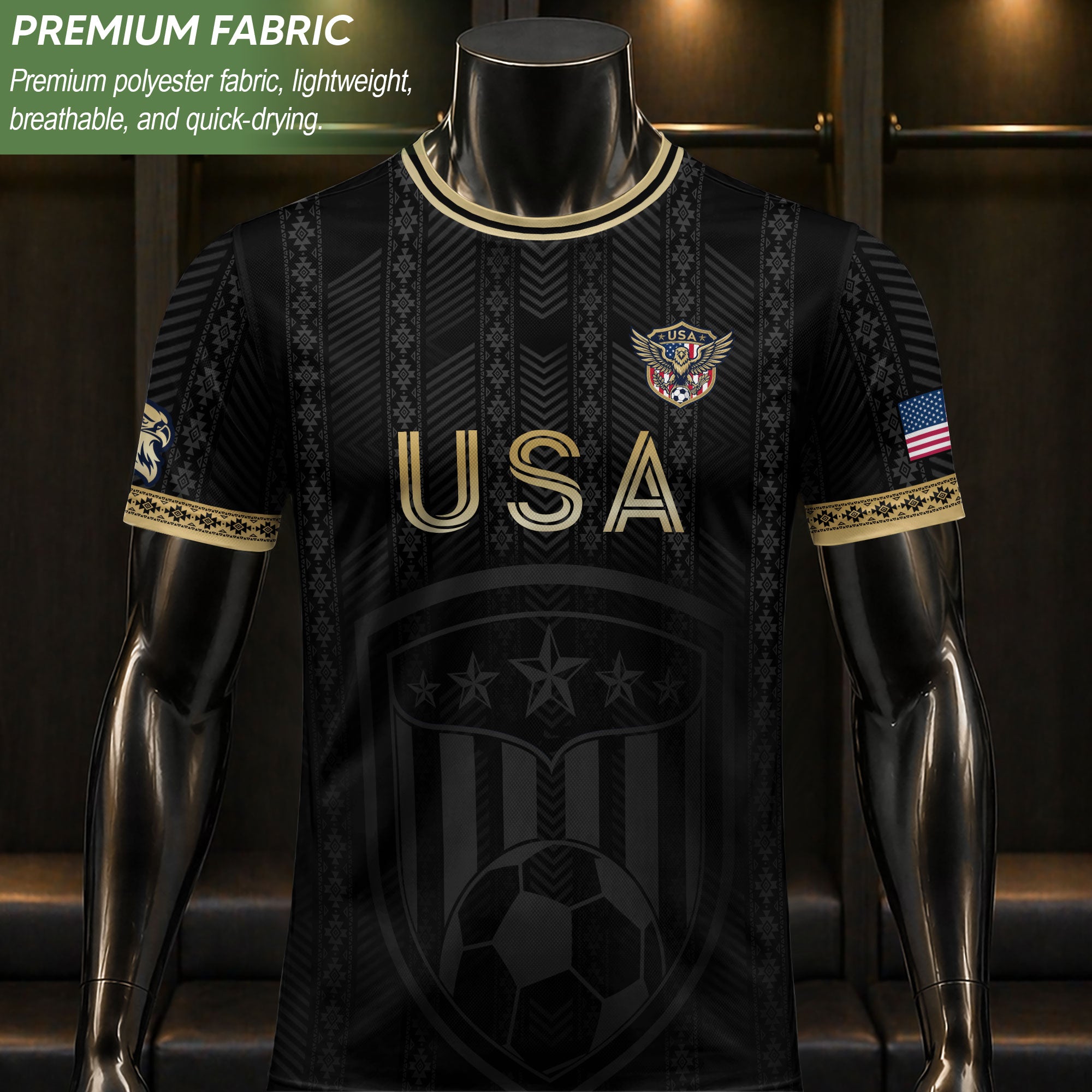 USA Soccer Jersey Patriotic American Eagle Black Gold Shield Football Shirt Men Women Gear