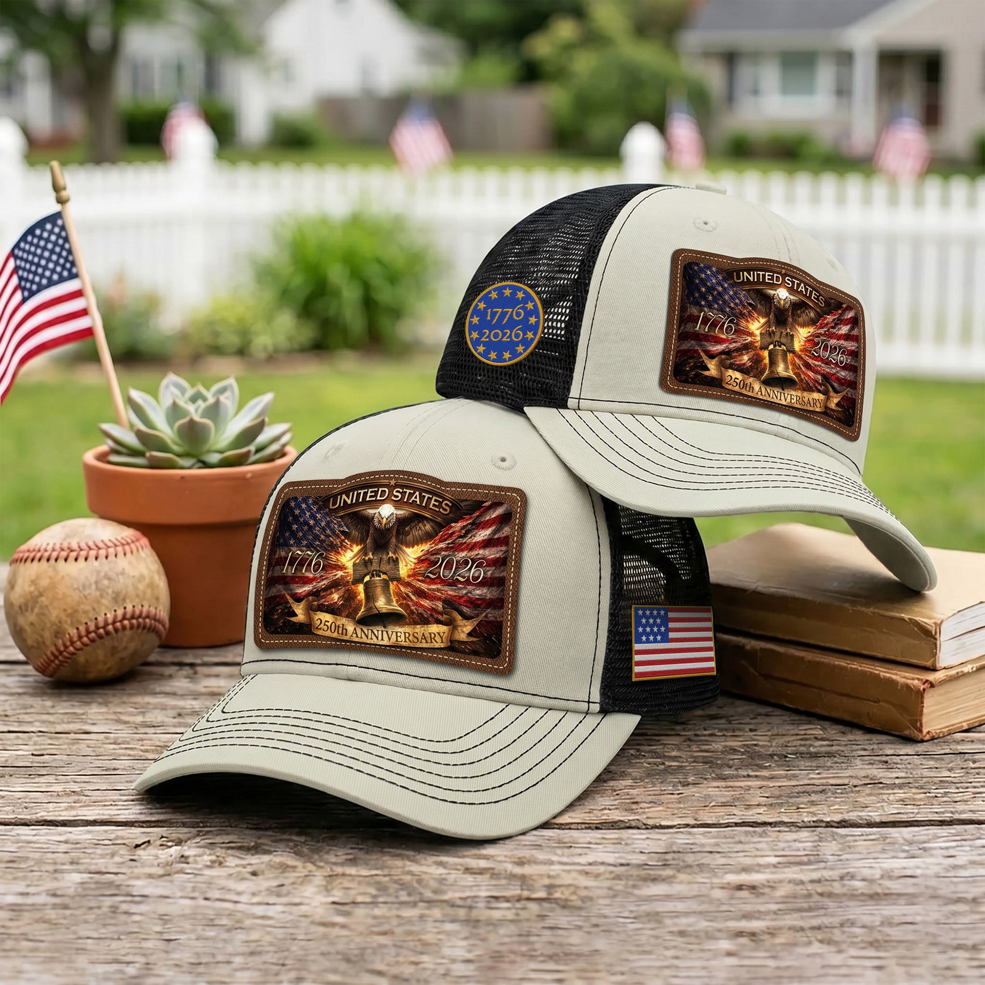 US 250th Anniversary Leather Patch Hat Liberty Bell Eagle Off White Trucker Cap upsale