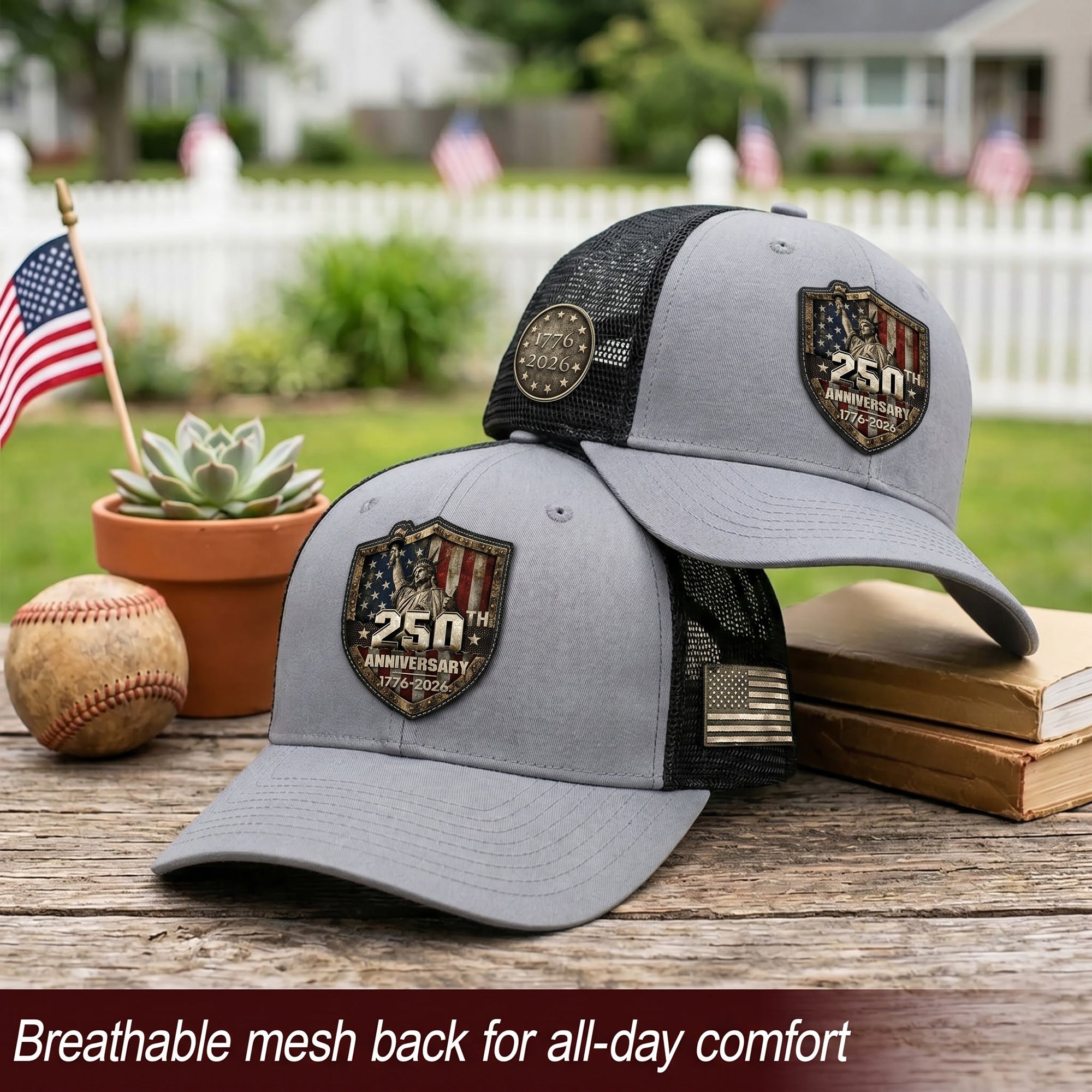 US 250th Anniversary Trucker Hat Vintage Liberty Shield Gray Leather Patch Cap
