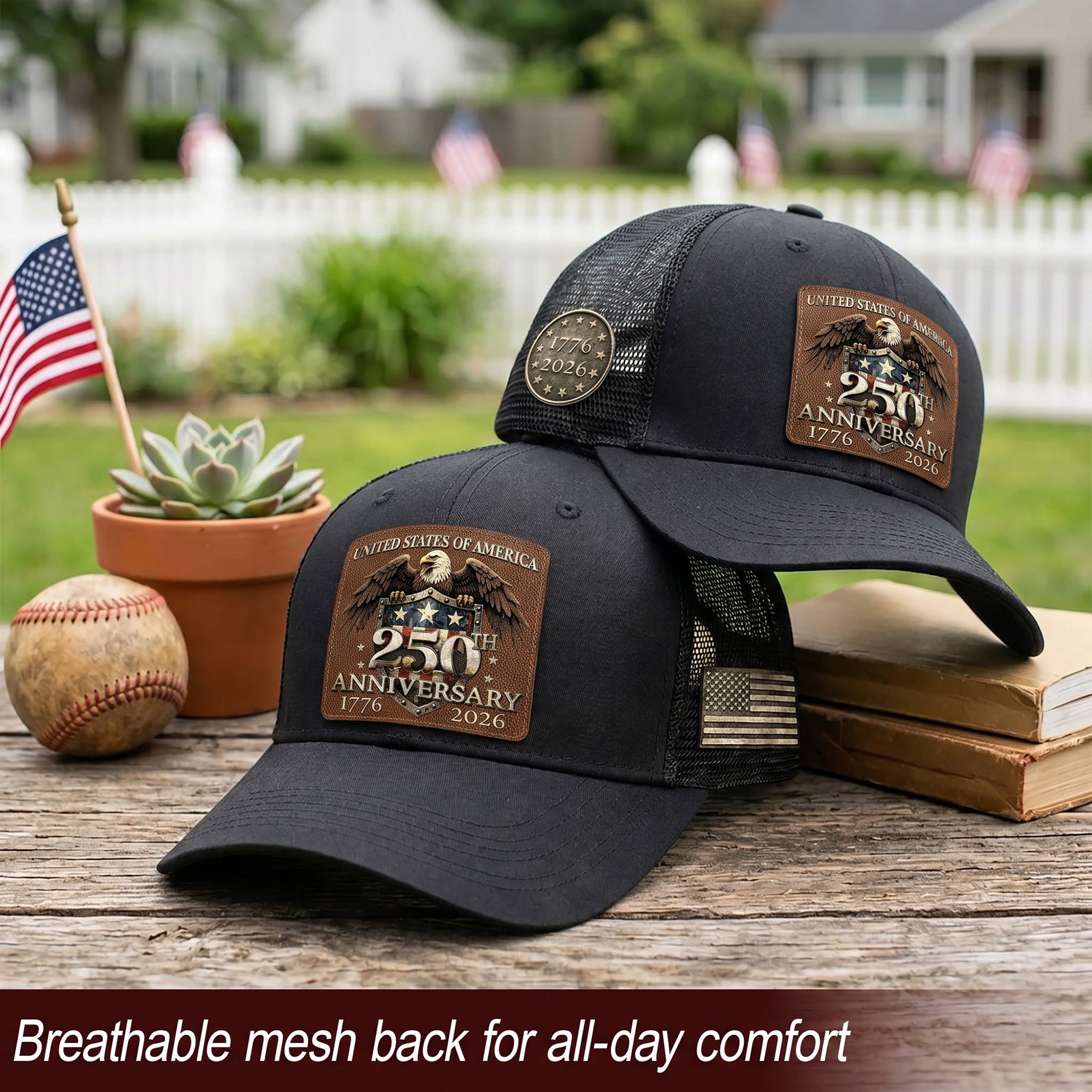 US 250th Anniversary Leather Patch Hat Patriotic Eagle Shield Black Trucker Cap upsale