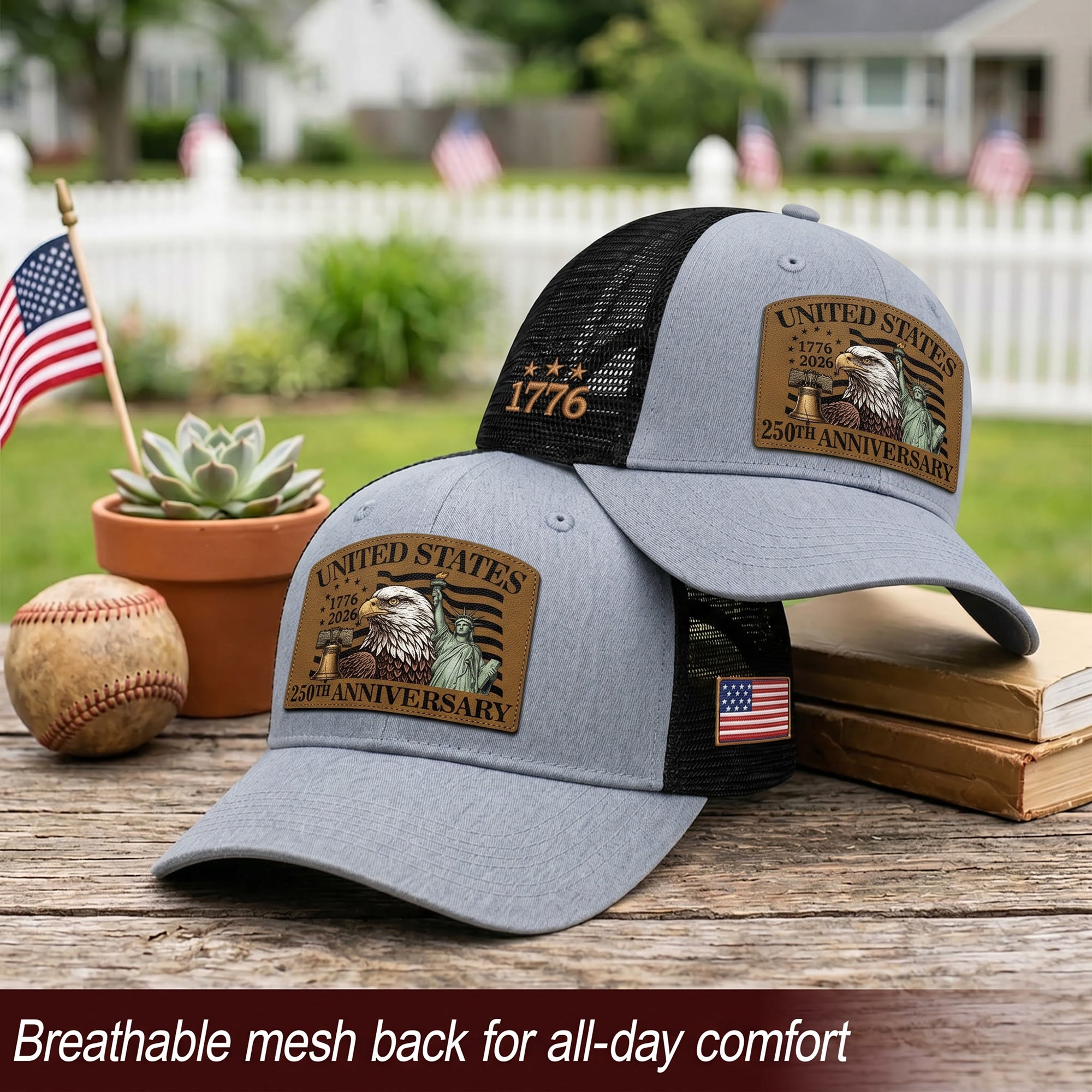 US 250th Anniversary Leather Patch Hat Patriotic American Eagle Trucker Cap