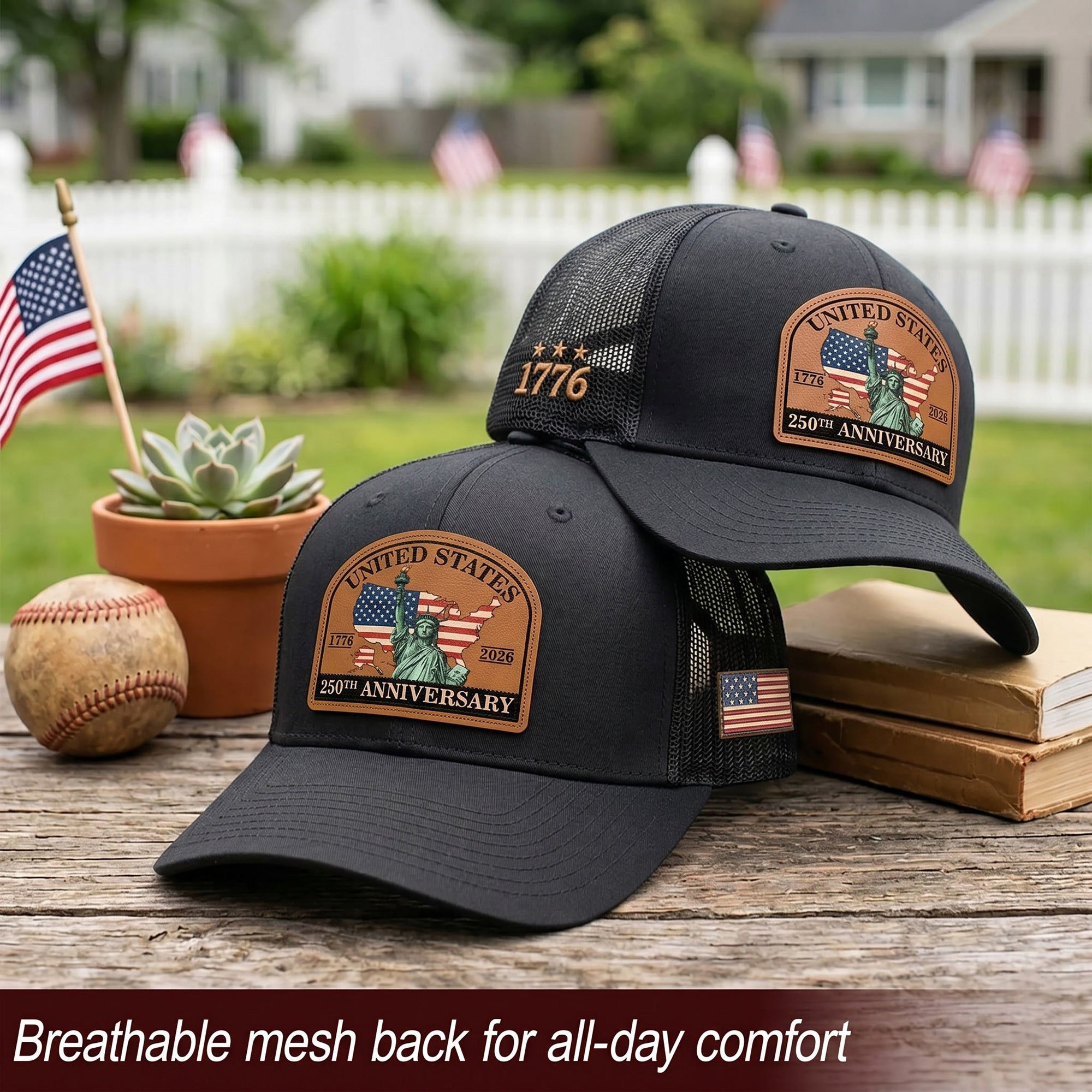 US 250th Anniversary Leather Patch Hat Statue of Liberty Black Trucker Cap