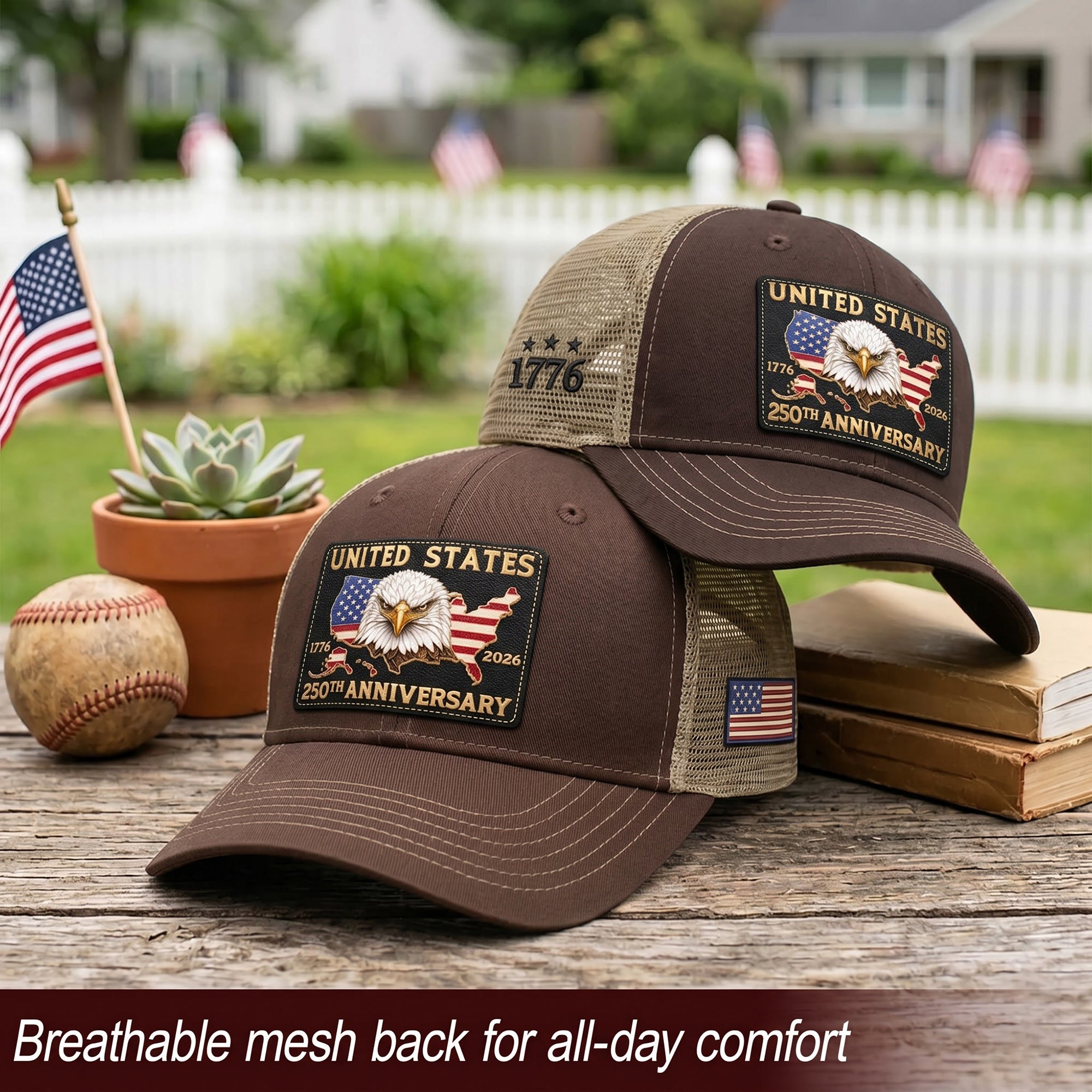 US 250th Anniversary Trucker Hat Vintage American Eagle Leather Patch Brown Cap upsale