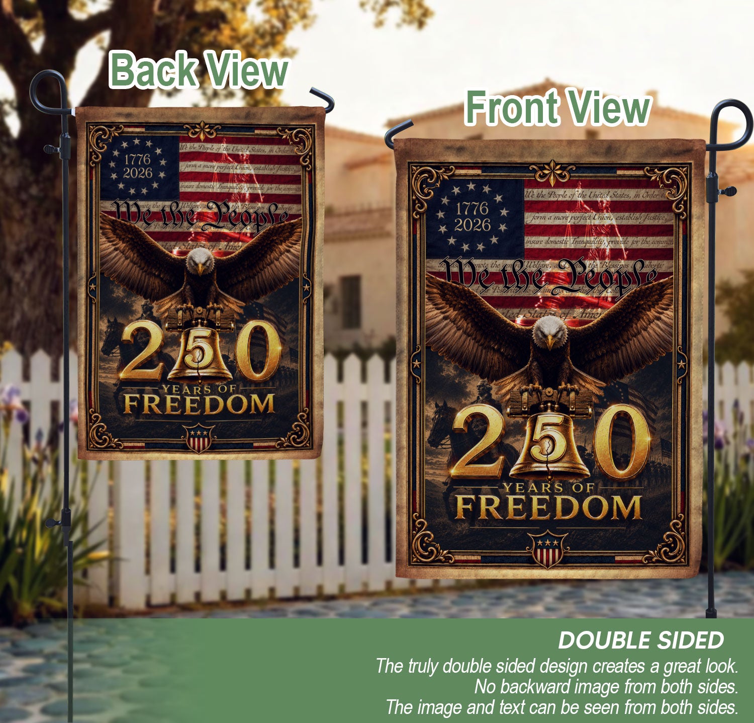 USA 250th Anniversary House Flag Patriotic Bald Eagle We the People Liberty Icons Banner