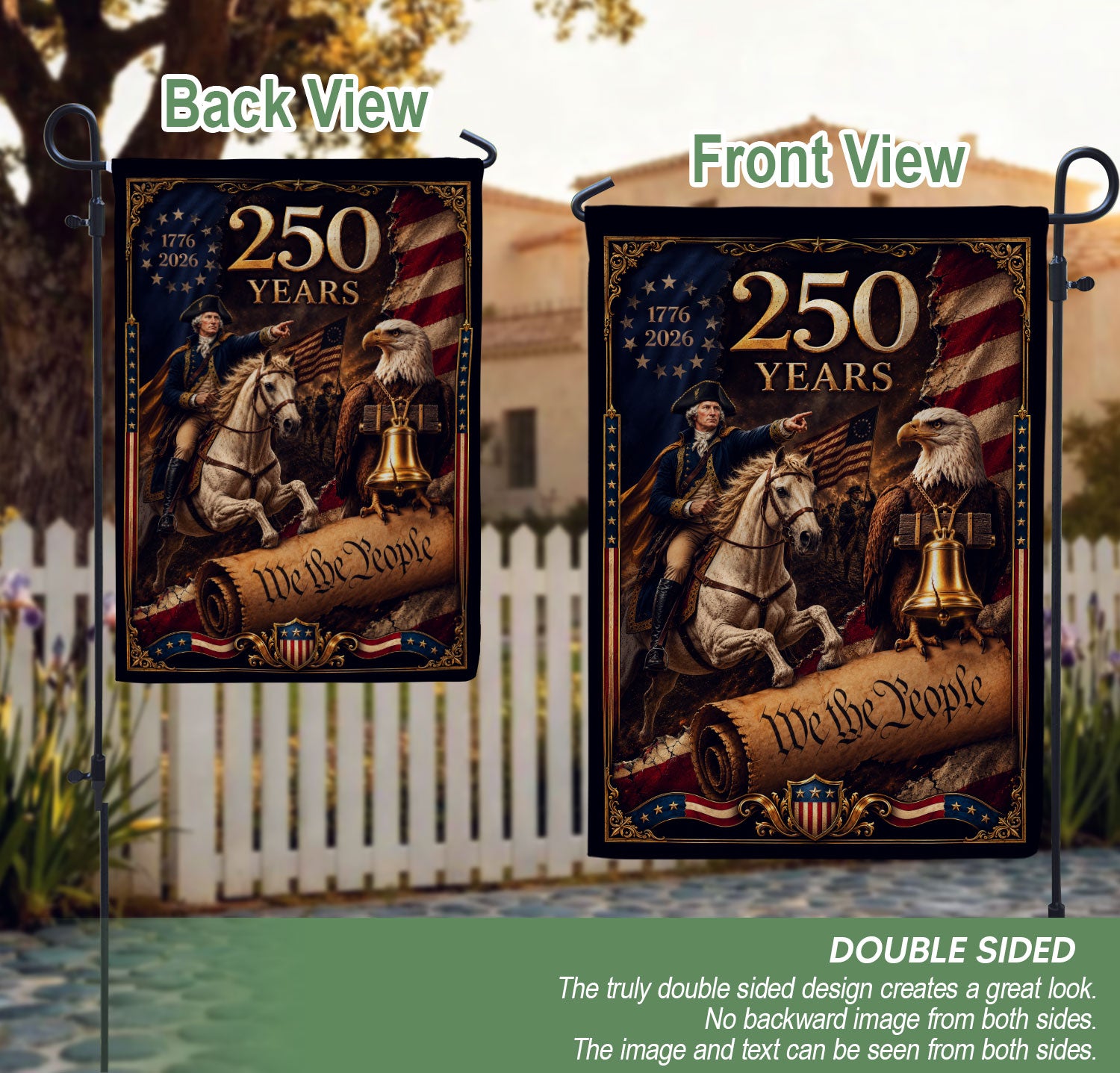 250 Years of Freedom House Flag 1776-2026 George Washington Bald Eagle Liberty Icons Banner