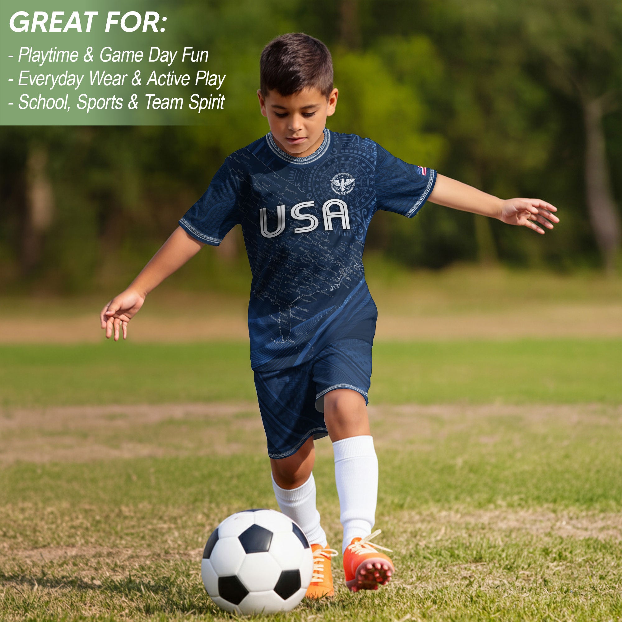 USA Kids Soccer Jersey Set Navy Blue Eagle Map Patriotic Football Outfit Kit