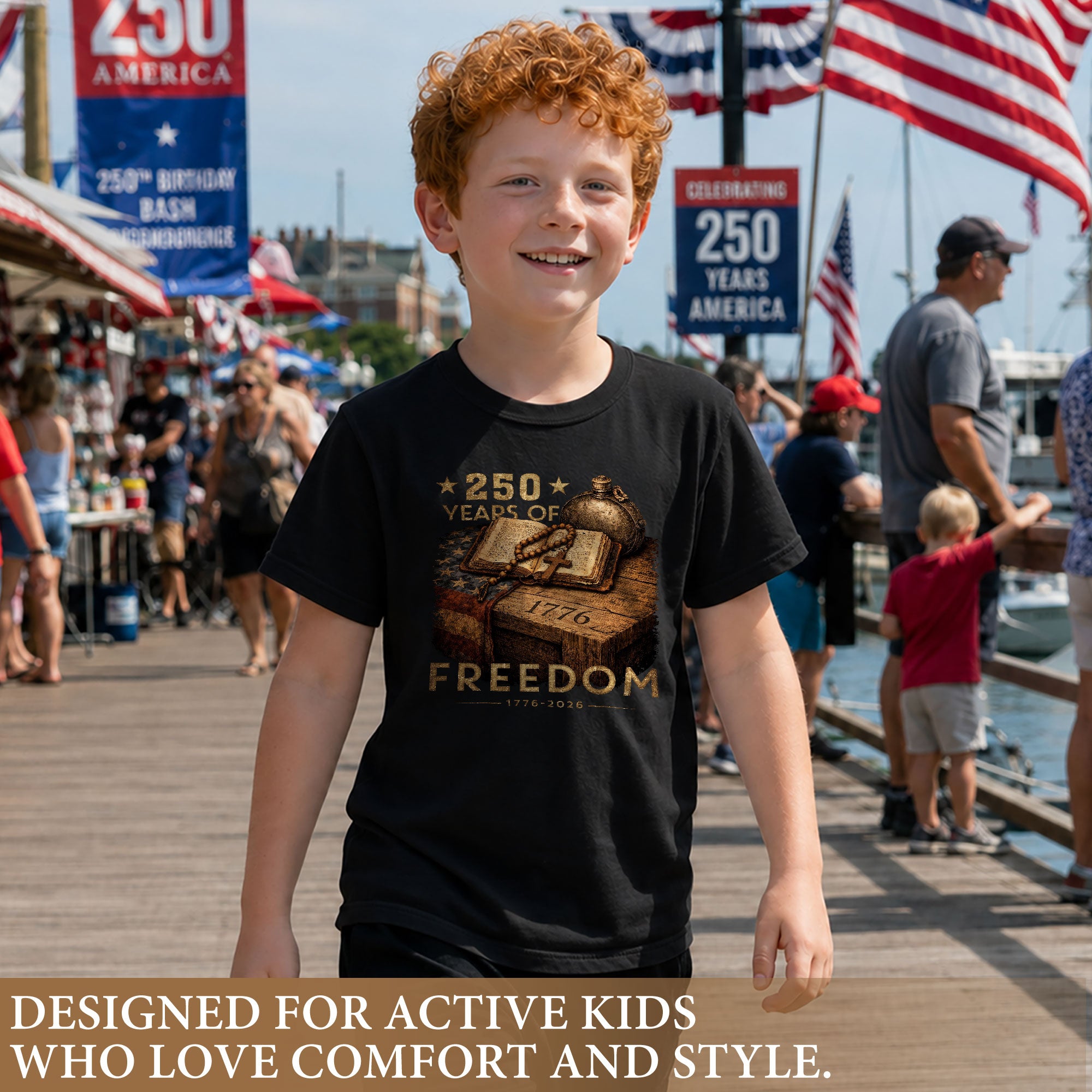 250 Years of Freedom Kids Tee 1776–2026 Faith and Patriotism Graphic Shirt