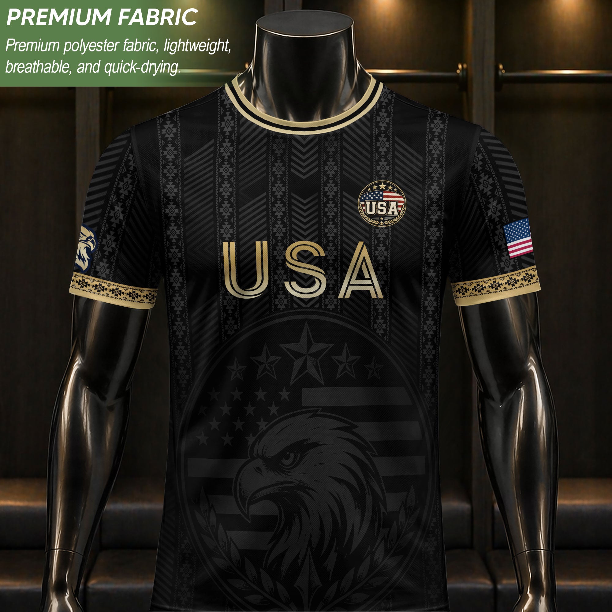 Elite Black Adult Soccer Jersey Edition Eagle Emblem Patriotic Athletic Sport Top