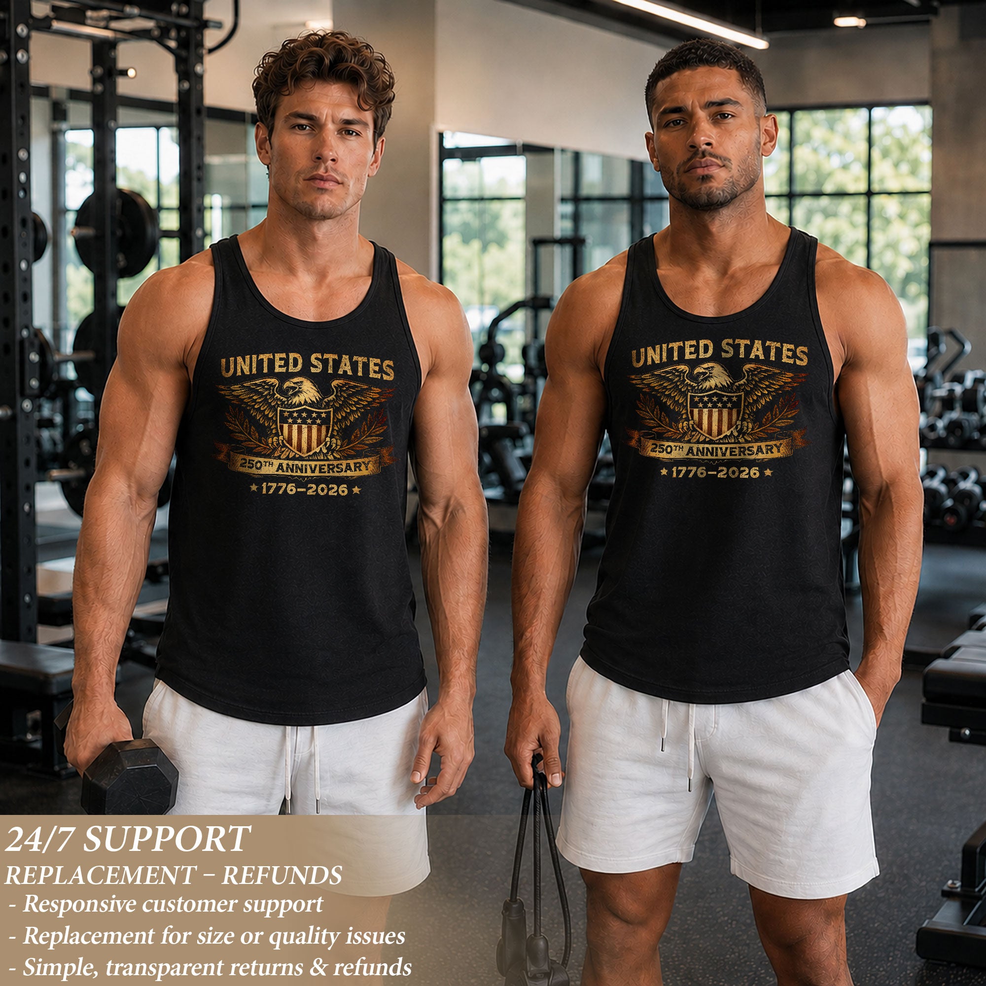 USA 1776-2026 Mens Tank Top Patriotic 250th Anniversary Golden Eagle Shield